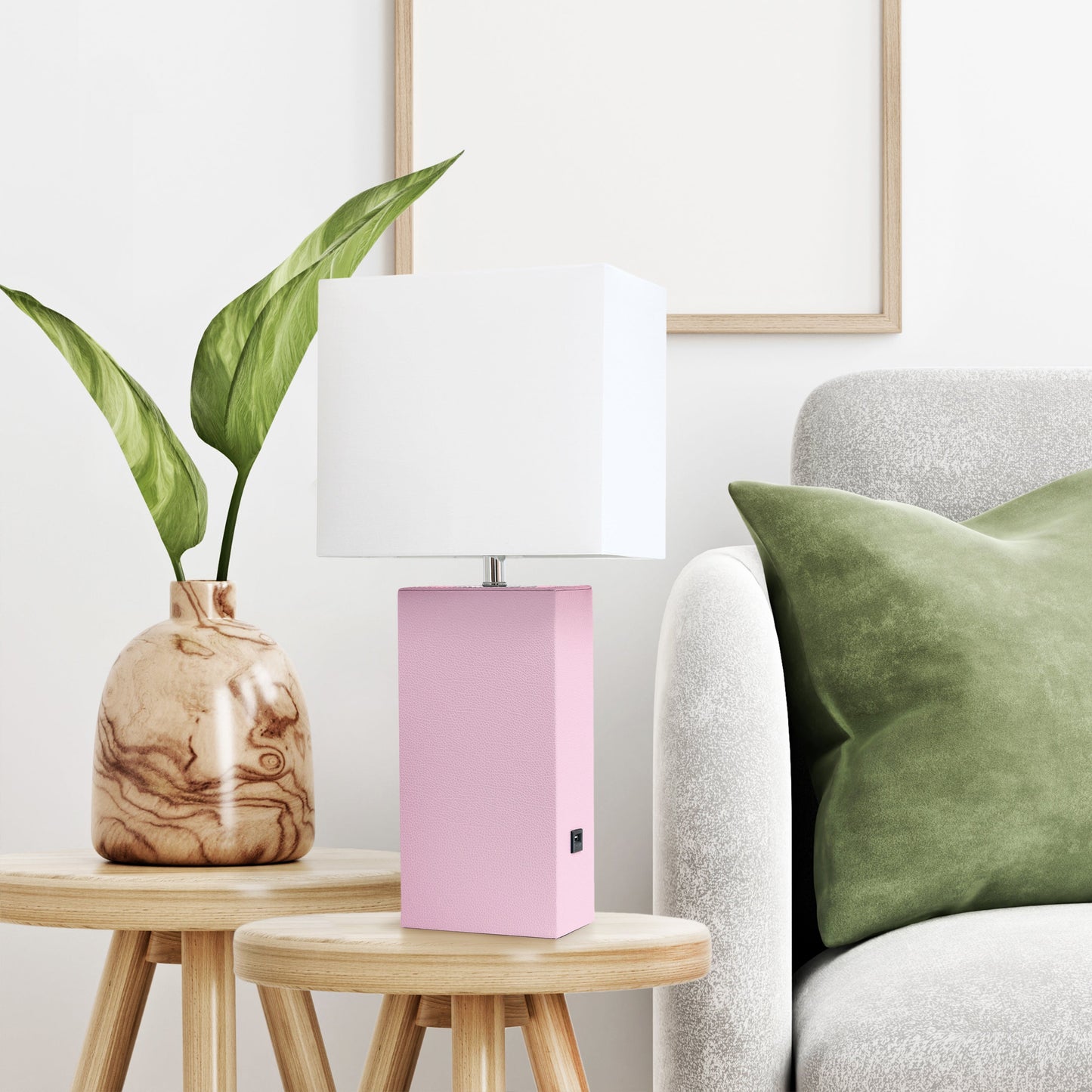 All The Rages Lalia Home Lexington 21" Blush Pink Leather Base Modern Home Décor Bedside Table Lamp With USB Charging Port