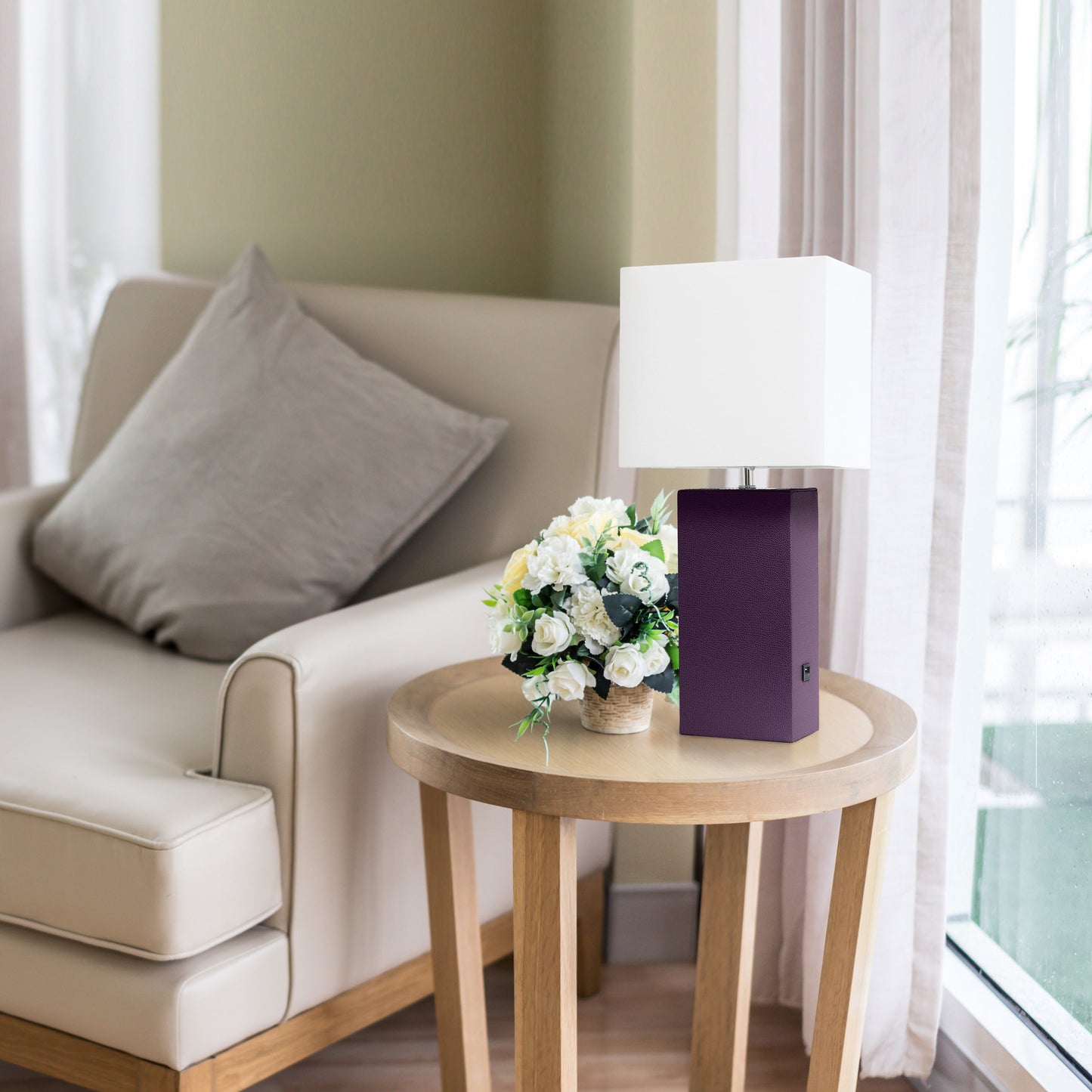 All The Rages Lalia Home Lexington 21" Eggplant Purple Leather Base Modern Home Décor Bedside Table Lamp With USB Charging Port