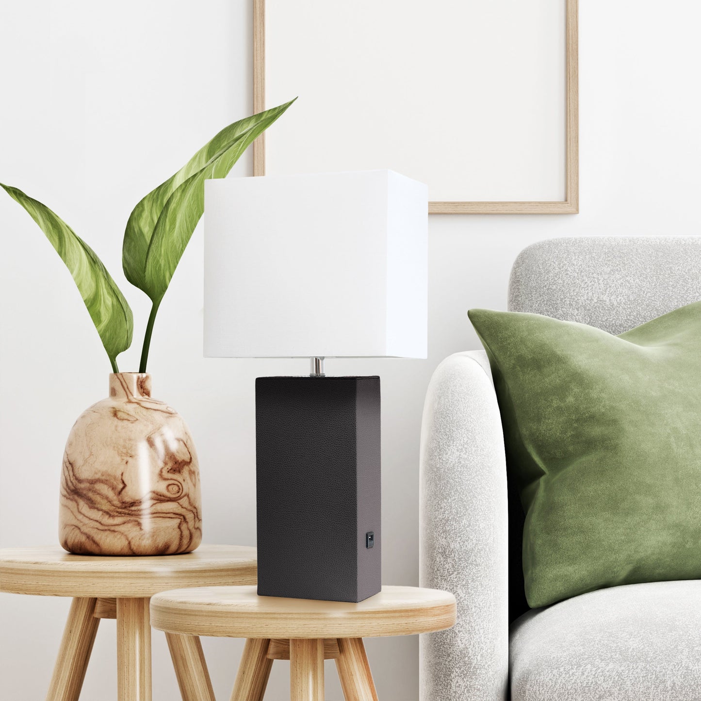 All The Rages Lalia Home Lexington 21" Espresso Brown Leather Base Modern Home Décor Bedside Table Lamp With USB Charging Port