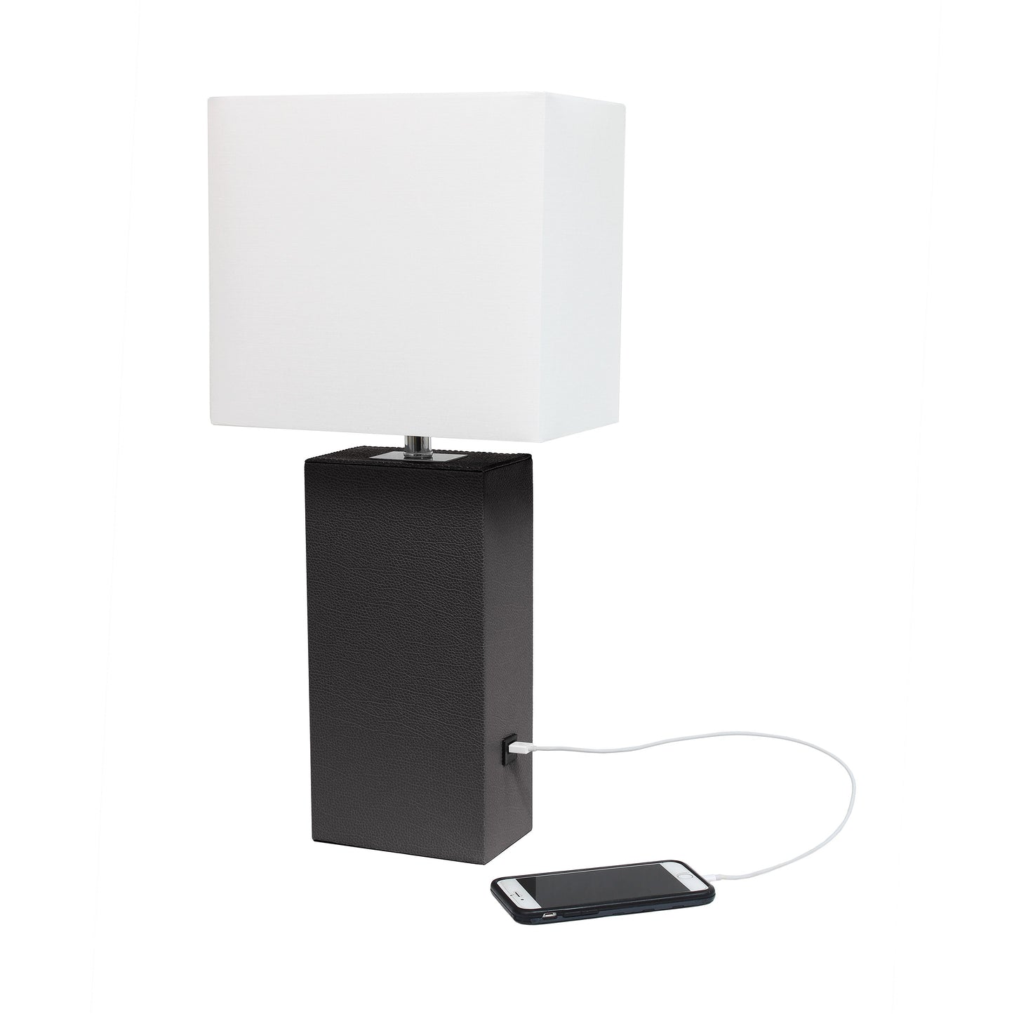 All The Rages Lalia Home Lexington 21" Espresso Brown Leather Base Modern Home Décor Bedside Table Lamp With USB Charging Port