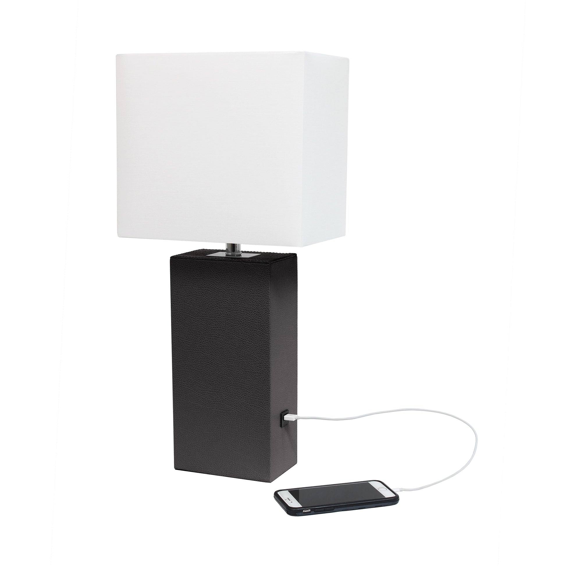 All The Rages Lalia Home Lexington 21" Espresso Brown Leather Base Modern Home Décor Bedside Table Lamp With USB Charging Port