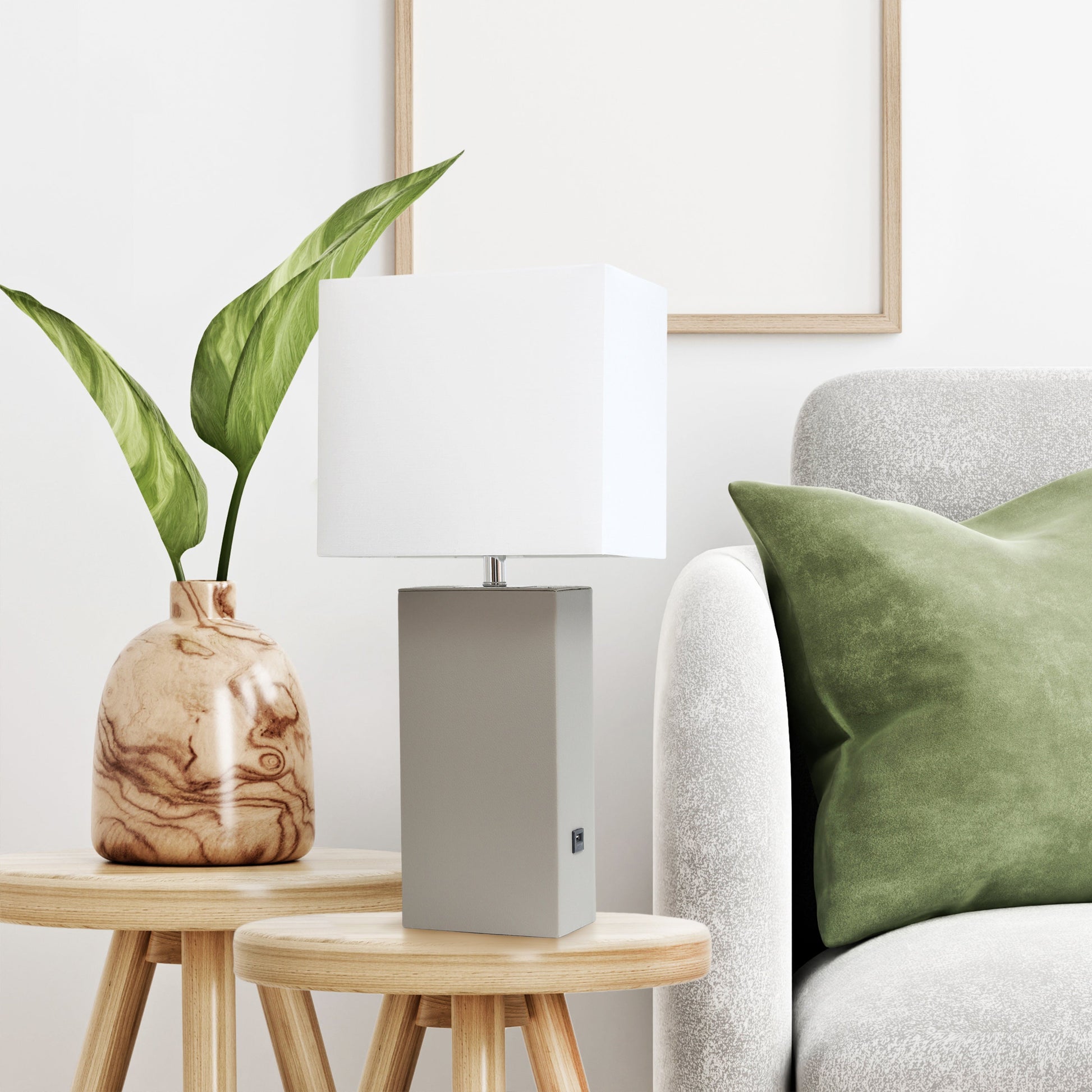 All The Rages Lalia Home Lexington 21" Gray Leather Base Modern Home Décor Bedside Table Lamp With USB Charging Port