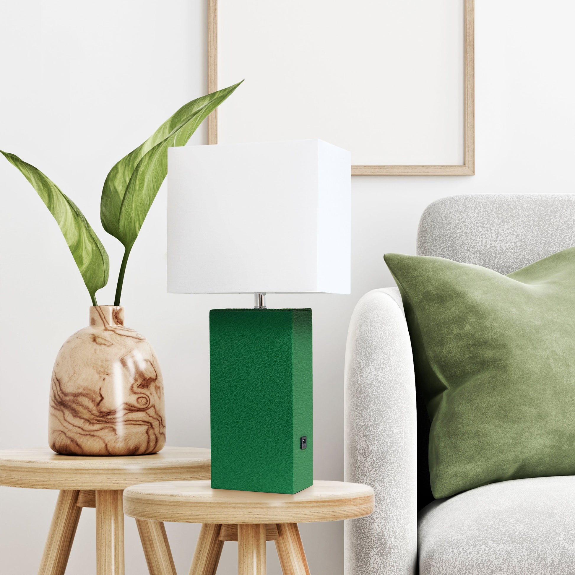 All The Rages Lalia Home Lexington 21" Green Leather Base Modern Home Décor Bedside Table Lamp With USB Charging Port