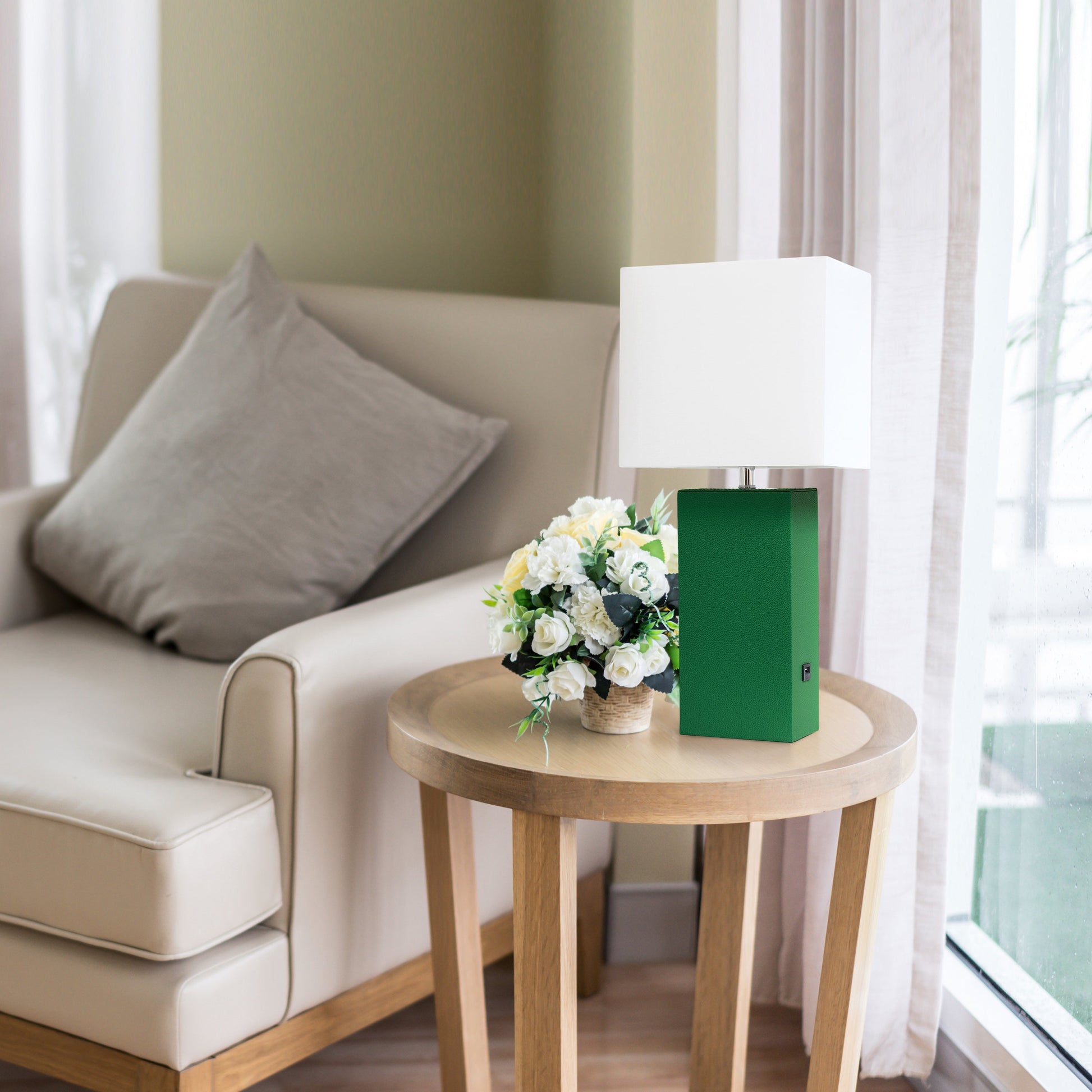 All The Rages Lalia Home Lexington 21" Green Leather Base Modern Home Décor Bedside Table Lamp With USB Charging Port