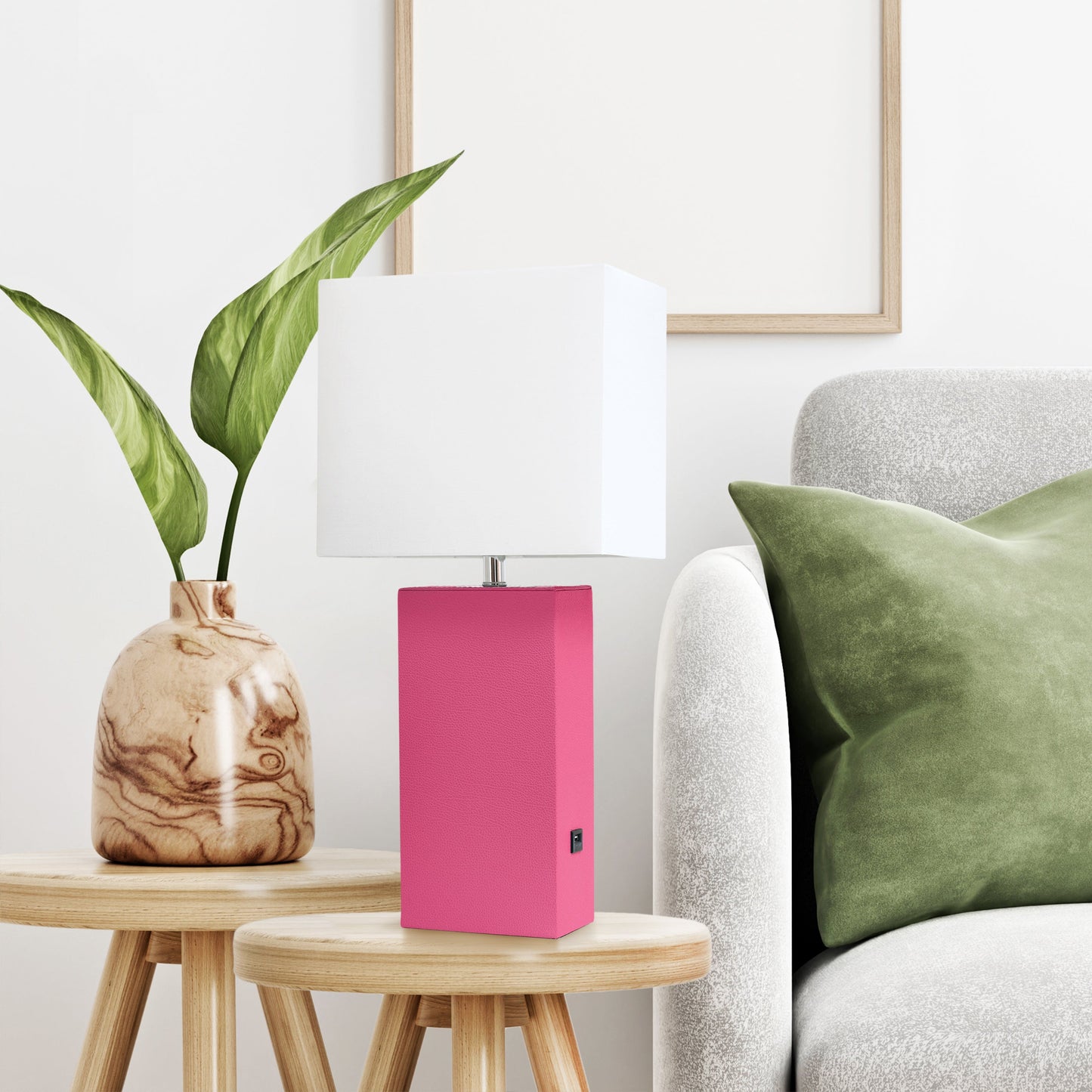 All The Rages Lalia Home Lexington 21" Hot Pink Leather Base Modern Home Décor Bedside Table Lamp With USB Charging Port
