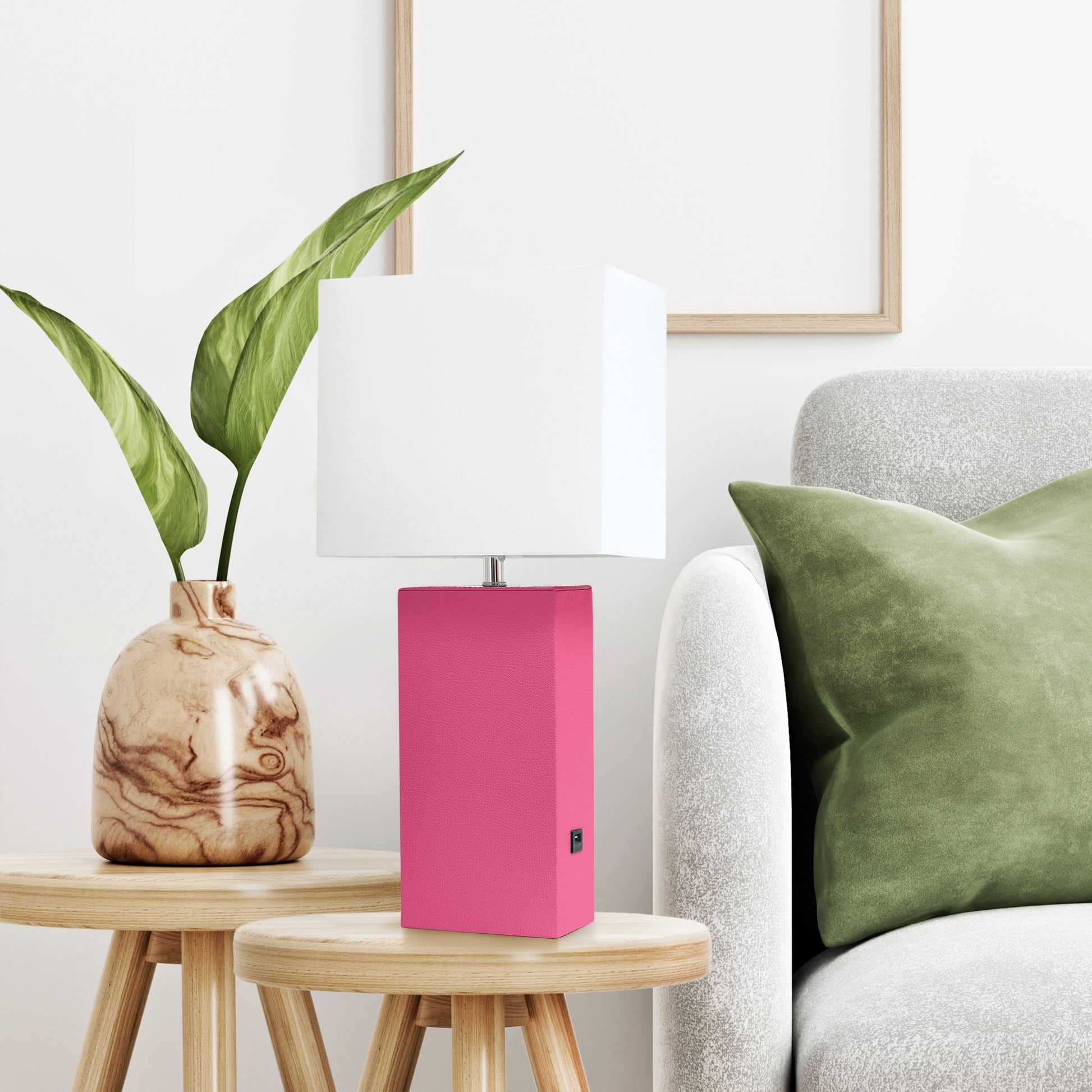 All The Rages Lalia Home Lexington 21" Hot Pink Leather Base Modern Home Décor Bedside Table Lamp With USB Charging Port