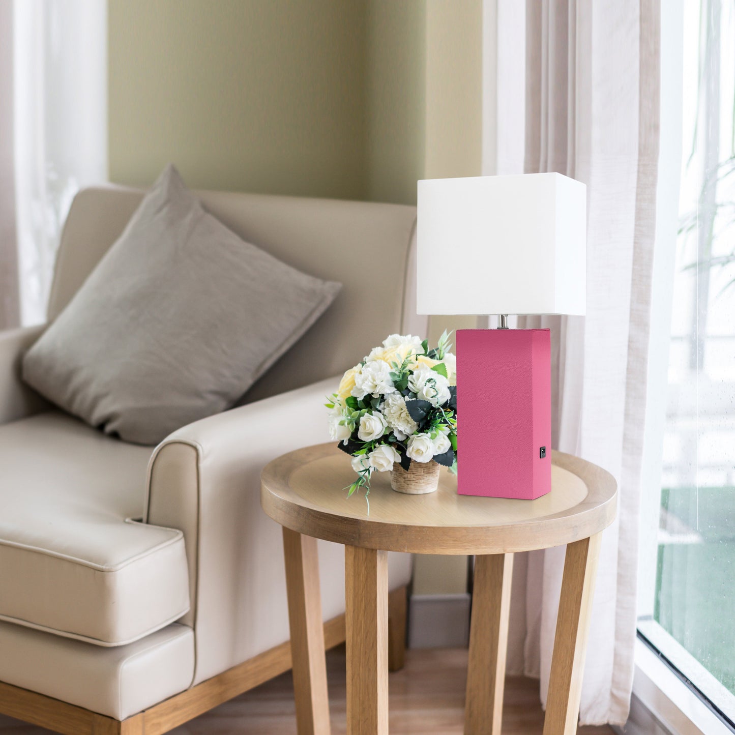 All The Rages Lalia Home Lexington 21" Hot Pink Leather Base Modern Home Décor Bedside Table Lamp With USB Charging Port