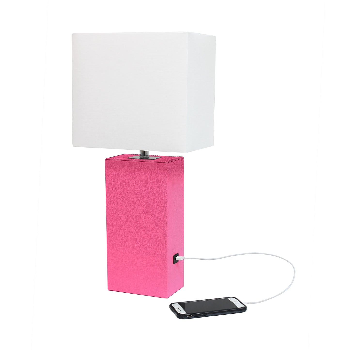 All The Rages Lalia Home Lexington 21" Hot Pink Leather Base Modern Home Décor Bedside Table Lamp With USB Charging Port