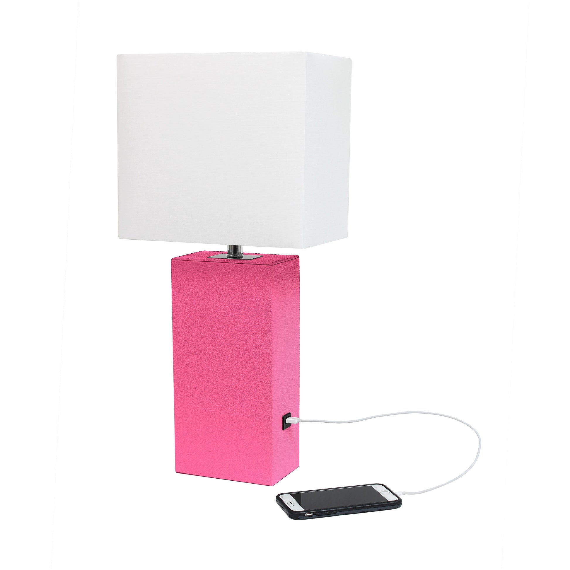 All The Rages Lalia Home Lexington 21" Hot Pink Leather Base Modern Home Décor Bedside Table Lamp With USB Charging Port