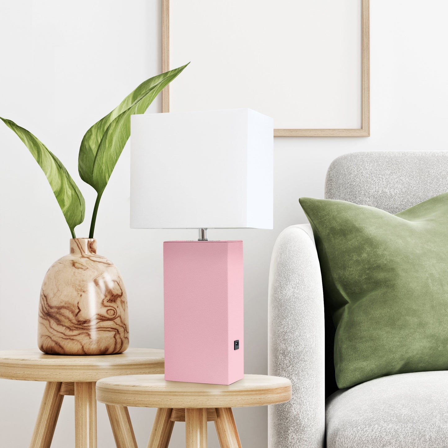 All The Rages Lalia Home Lexington 21" Pink Leather Base Modern Home Décor Bedside Table Lamp With USB Charging Port
