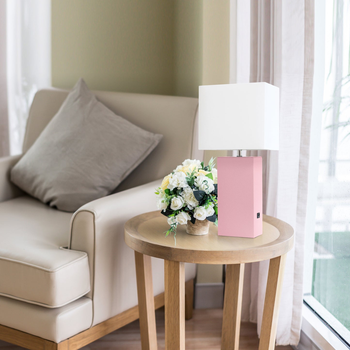 All The Rages Lalia Home Lexington 21" Pink Leather Base Modern Home Décor Bedside Table Lamp With USB Charging Port