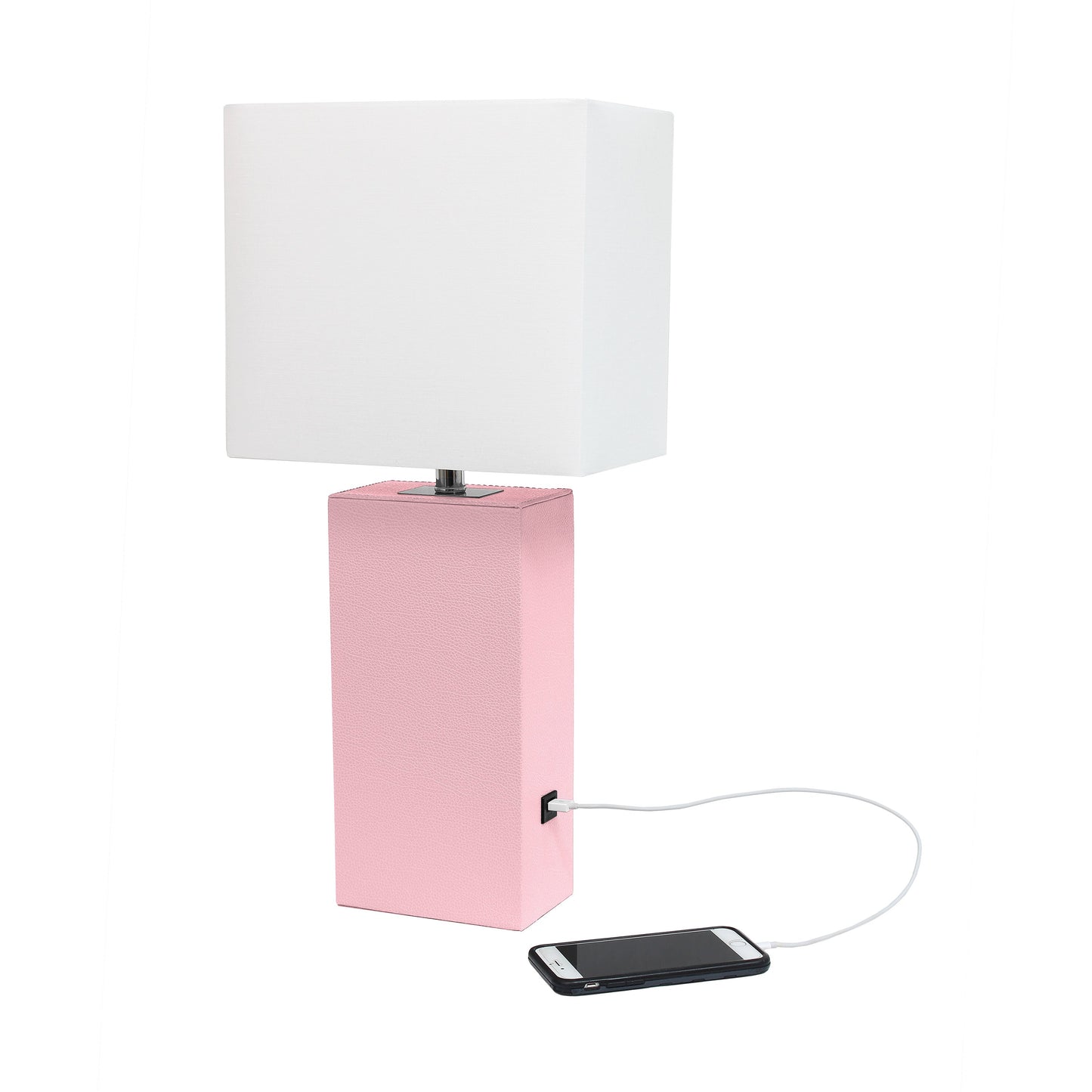 All The Rages Lalia Home Lexington 21" Pink Leather Base Modern Home Décor Bedside Table Lamp With USB Charging Port