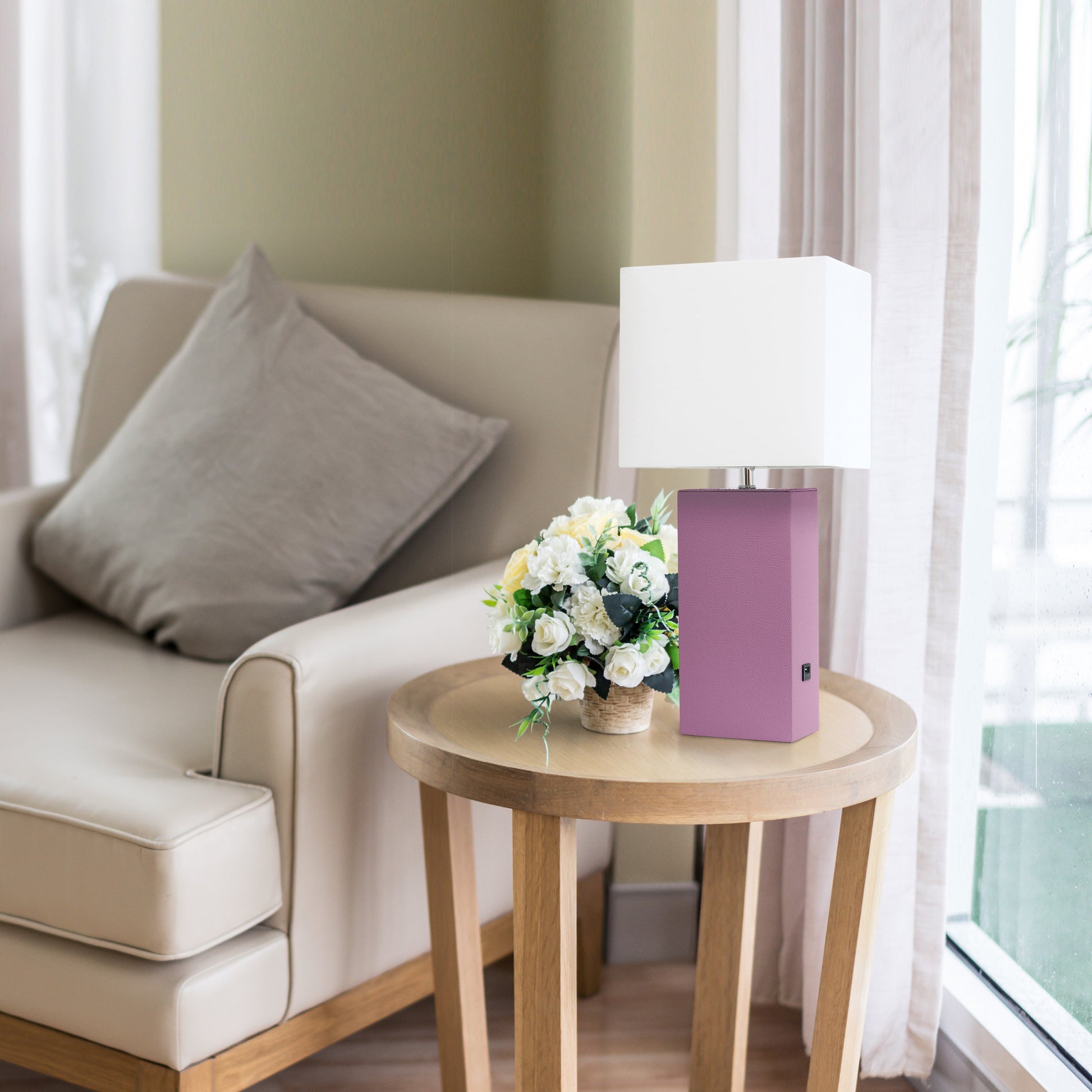 All The Rages Lalia Home Lexington 21" Purple Leather Base Modern Home Décor Bedside Table Lamp With USB Charging Port