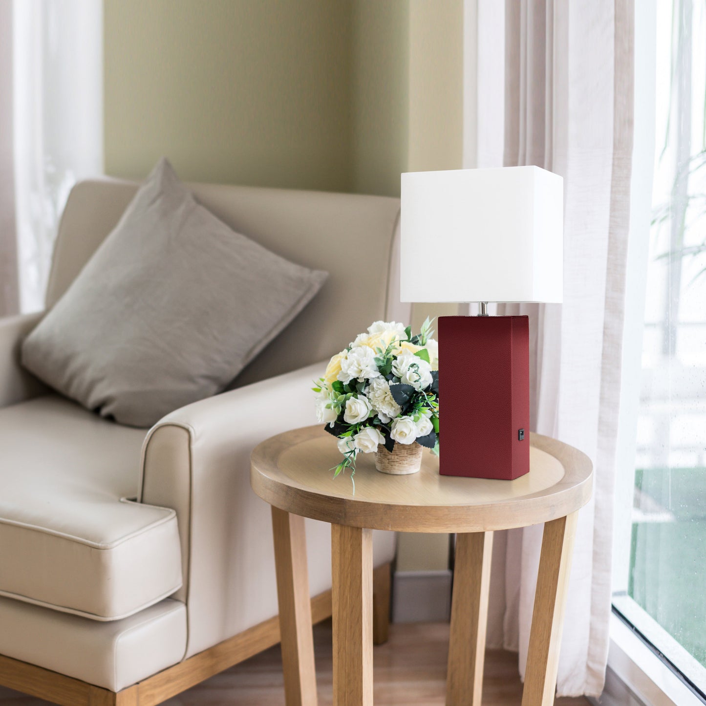All The Rages Lalia Home Lexington 21" Red Leather Base Modern Home Décor Bedside Table Lamp With USB Charging Port