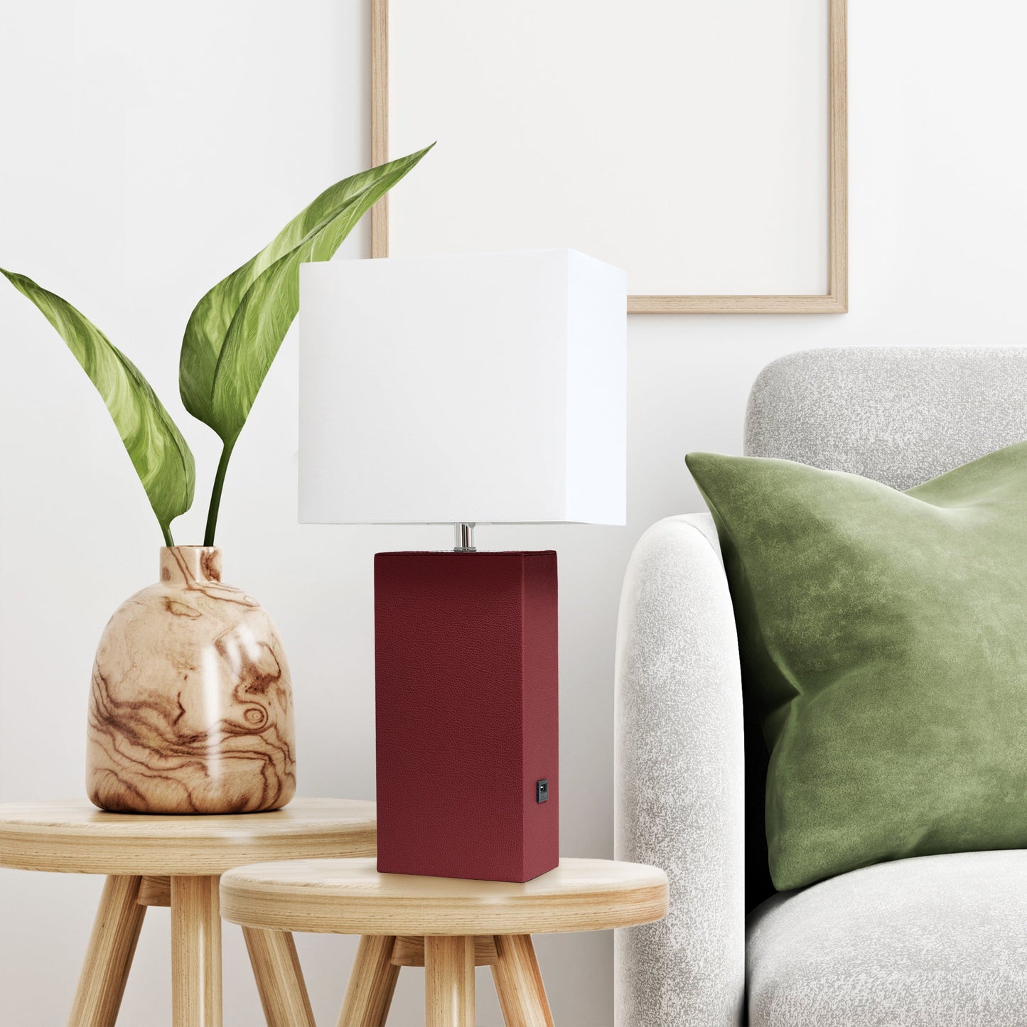 All The Rages Lalia Home Lexington 21" Red Leather Base Modern Home Décor Bedside Table Lamp With USB Charging Port