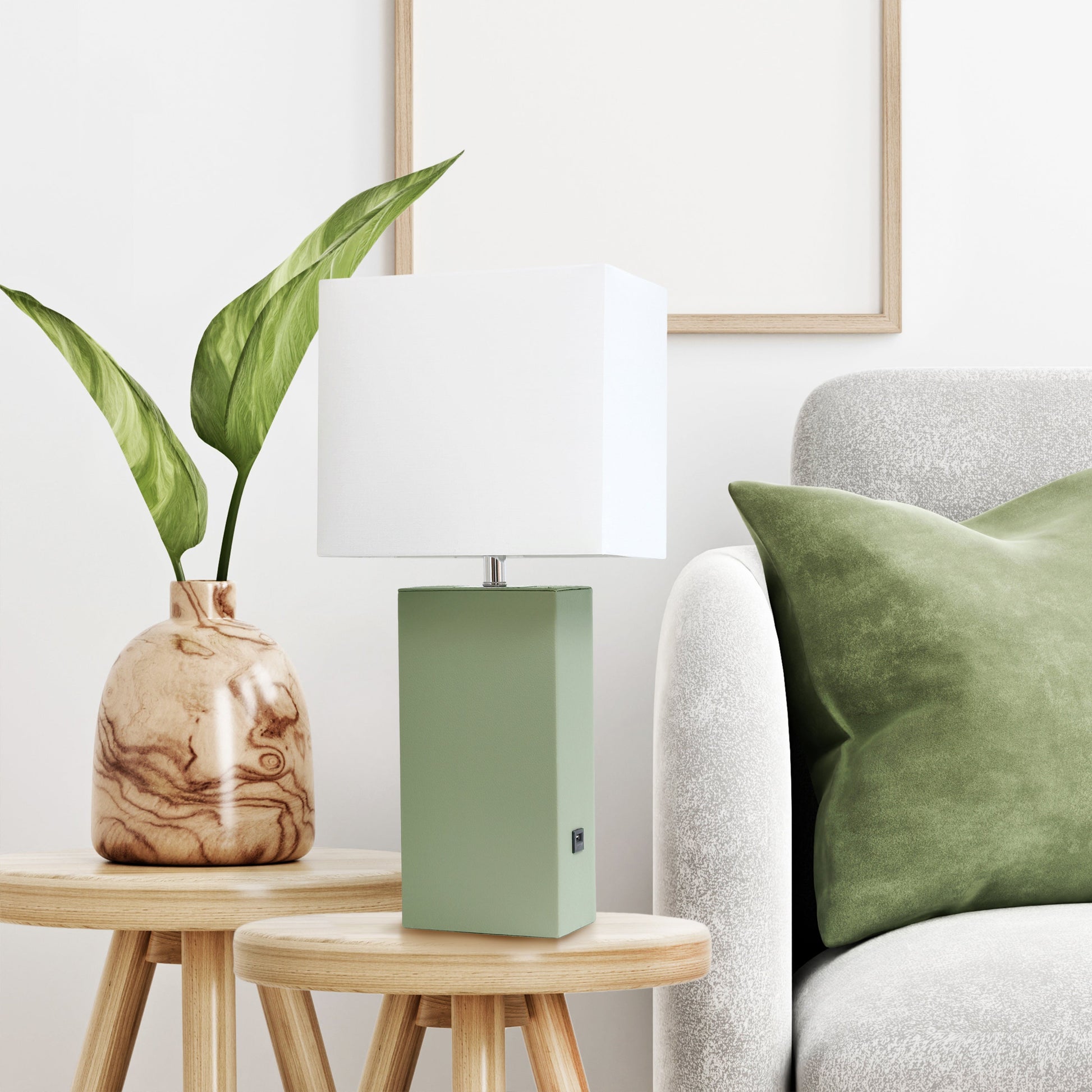 All The Rages Lalia Home Lexington 21" Sage Green Leather Base Modern Home Décor Bedside Table Lamp With USB Charging Port