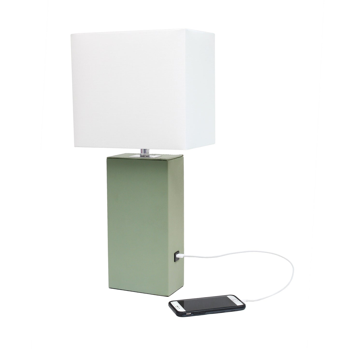 All The Rages Lalia Home Lexington 21" Sage Green Leather Base Modern Home Décor Bedside Table Lamp With USB Charging Port