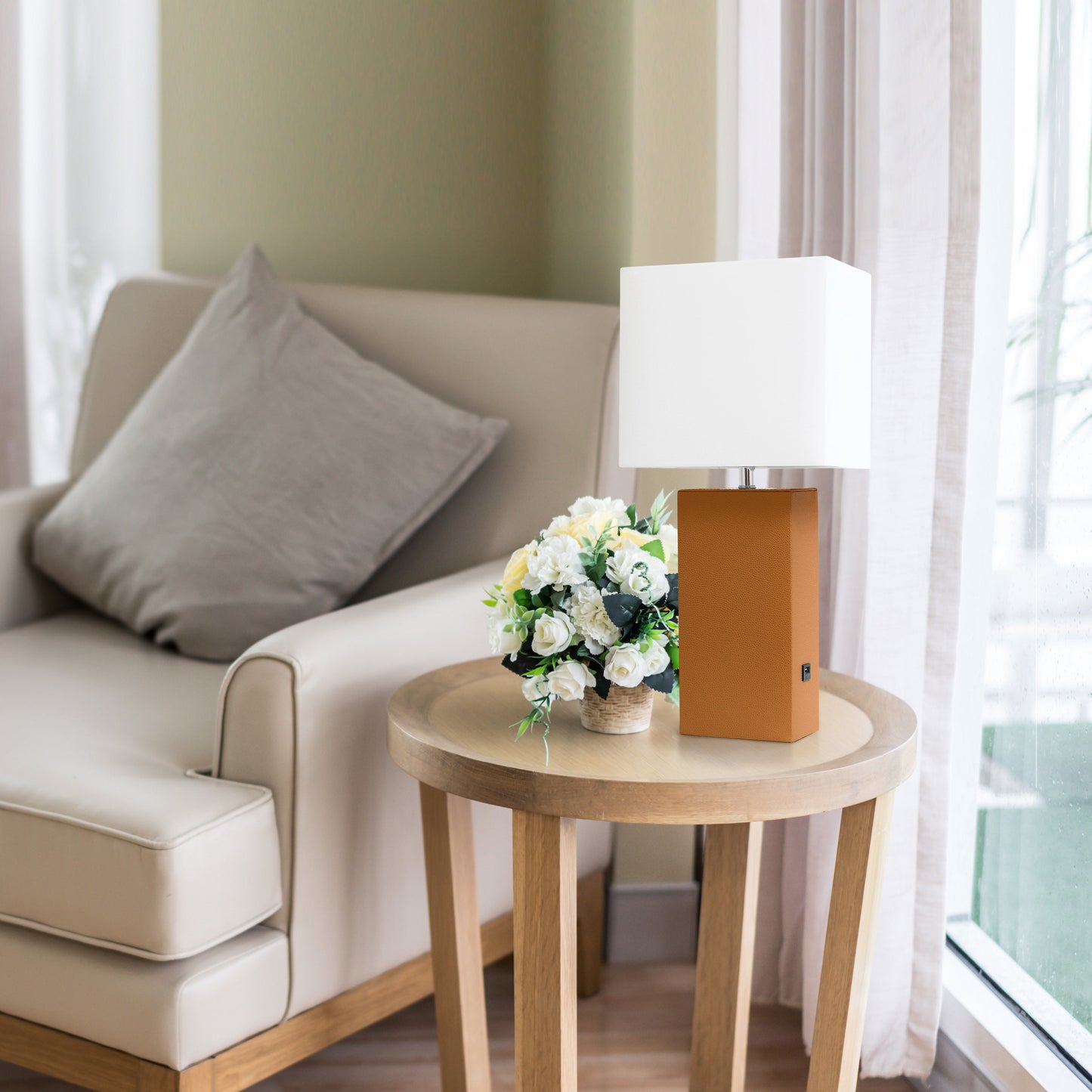 All The Rages Lalia Home Lexington 21" Tan Leather Base Modern Home Décor Bedside Table Lamp With USB Charging Port