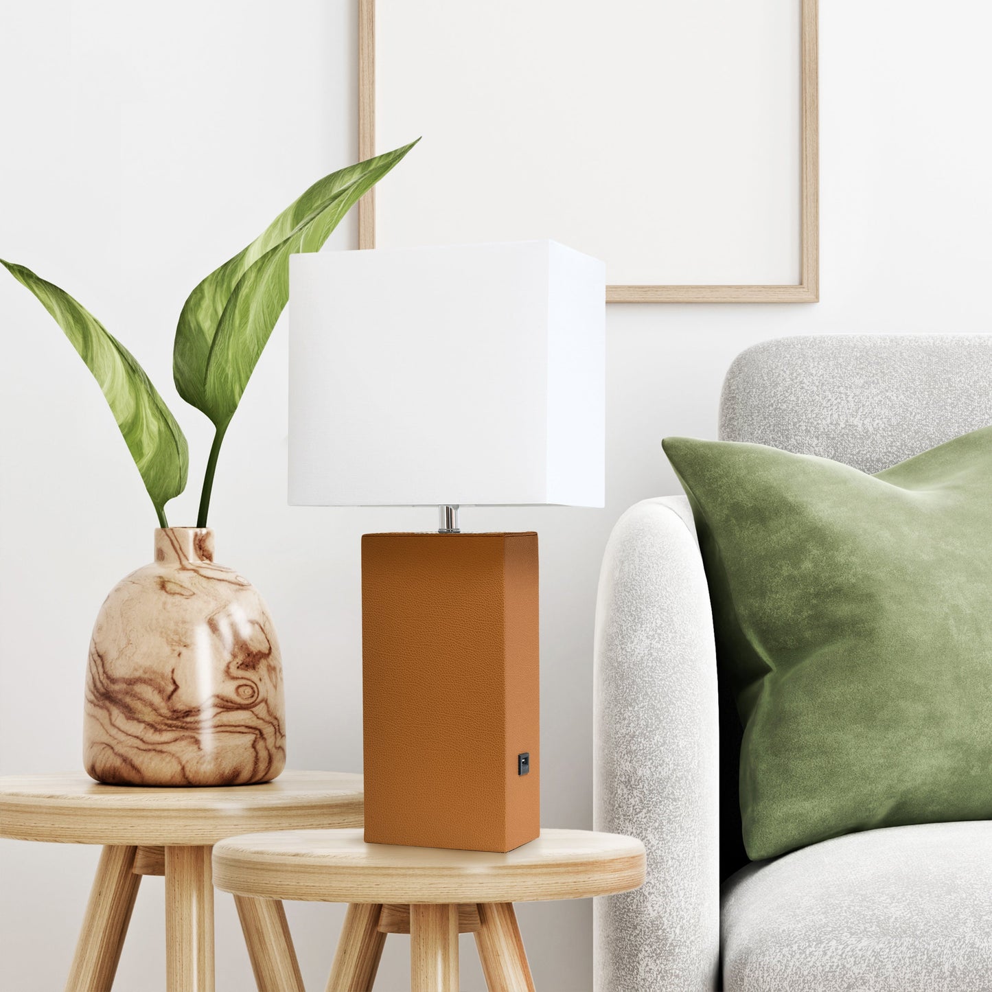 All The Rages Lalia Home Lexington 21" Tan Leather Base Modern Home Décor Bedside Table Lamp With USB Charging Port