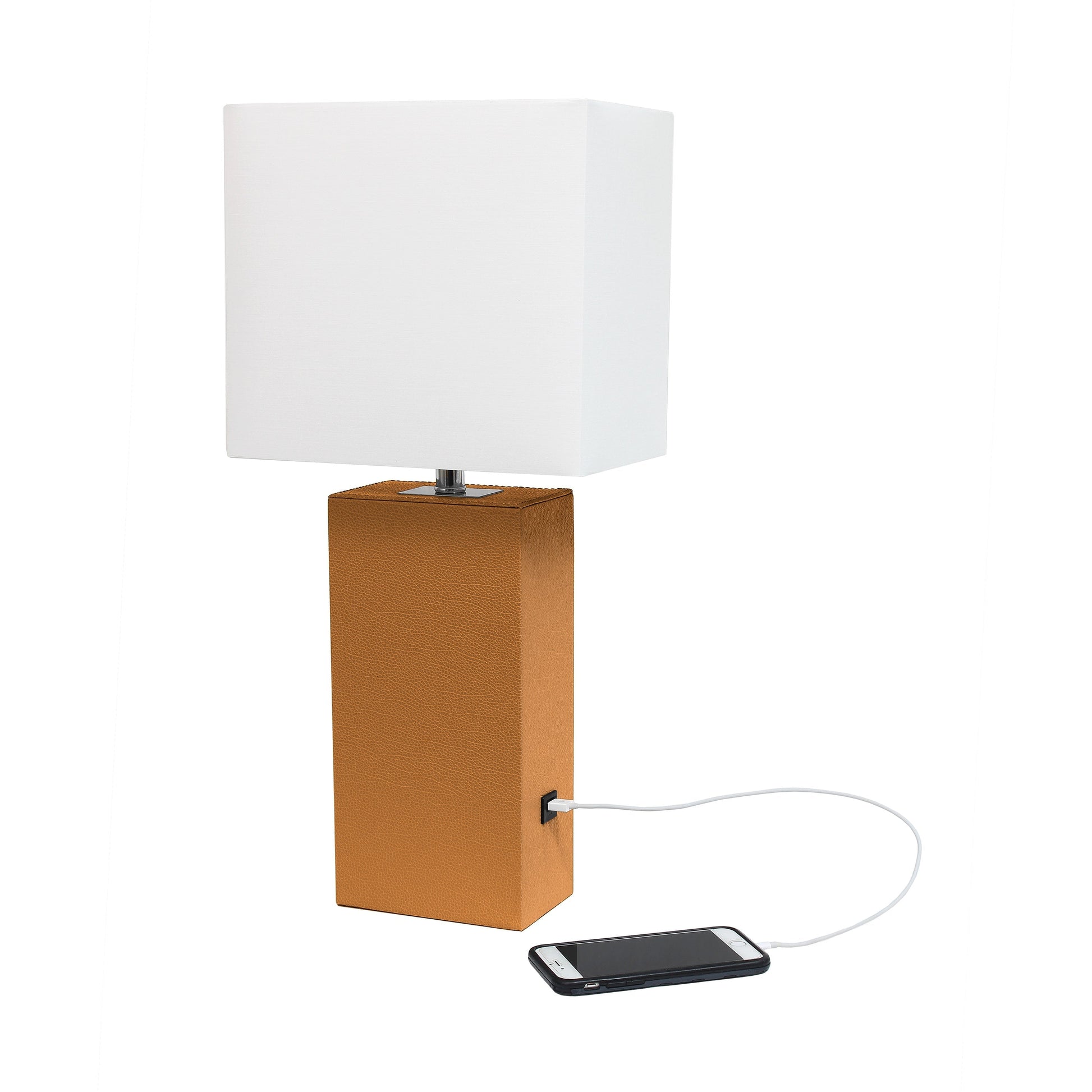 All The Rages Lalia Home Lexington 21" Tan Leather Base Modern Home Décor Bedside Table Lamp With USB Charging Port