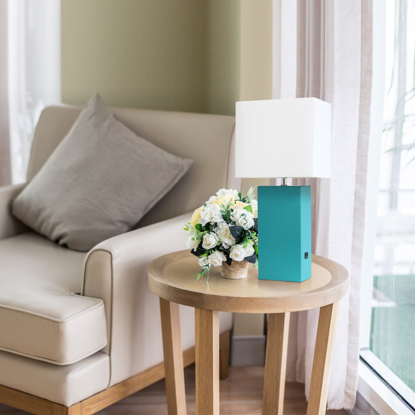 All The Rages Lalia Home Lexington 21" Teal Leather Base Modern Home Décor Bedside Table Lamp With USB Charging Port