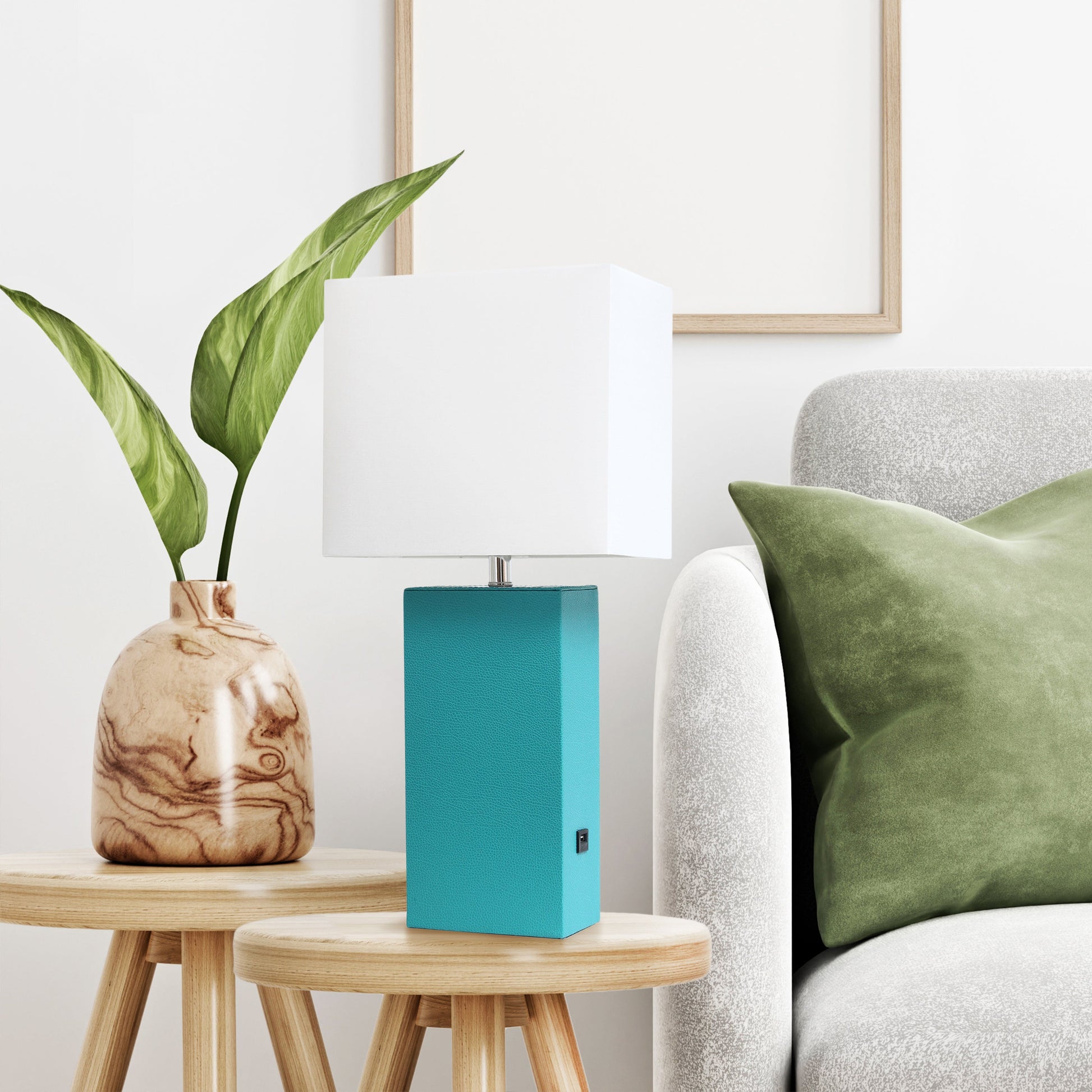 All The Rages Lalia Home Lexington 21" Teal Leather Base Modern Home Décor Bedside Table Lamp With USB Charging Port