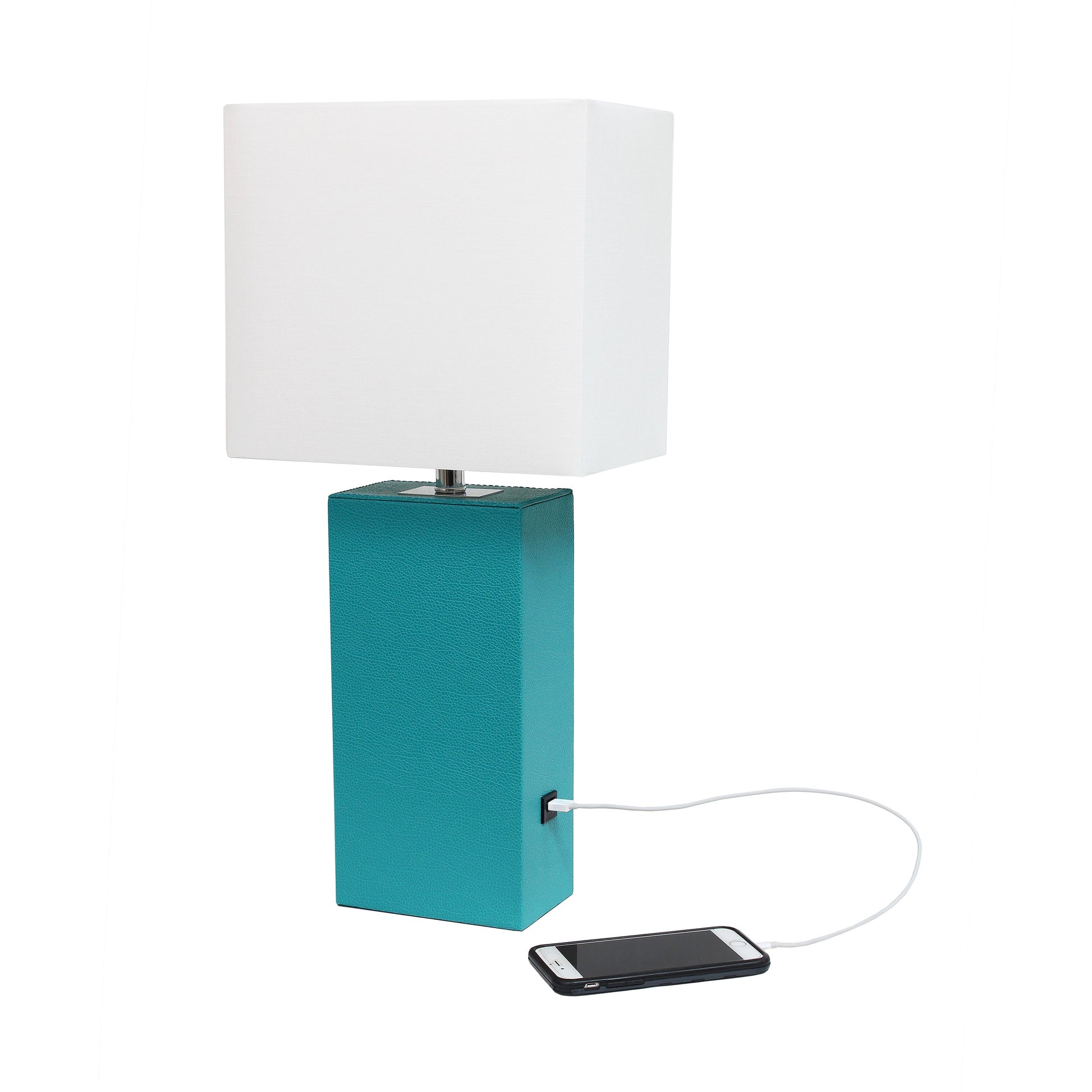 All The Rages Lalia Home Lexington 21" Teal Leather Base Modern Home Décor Bedside Table Lamp With USB Charging Port