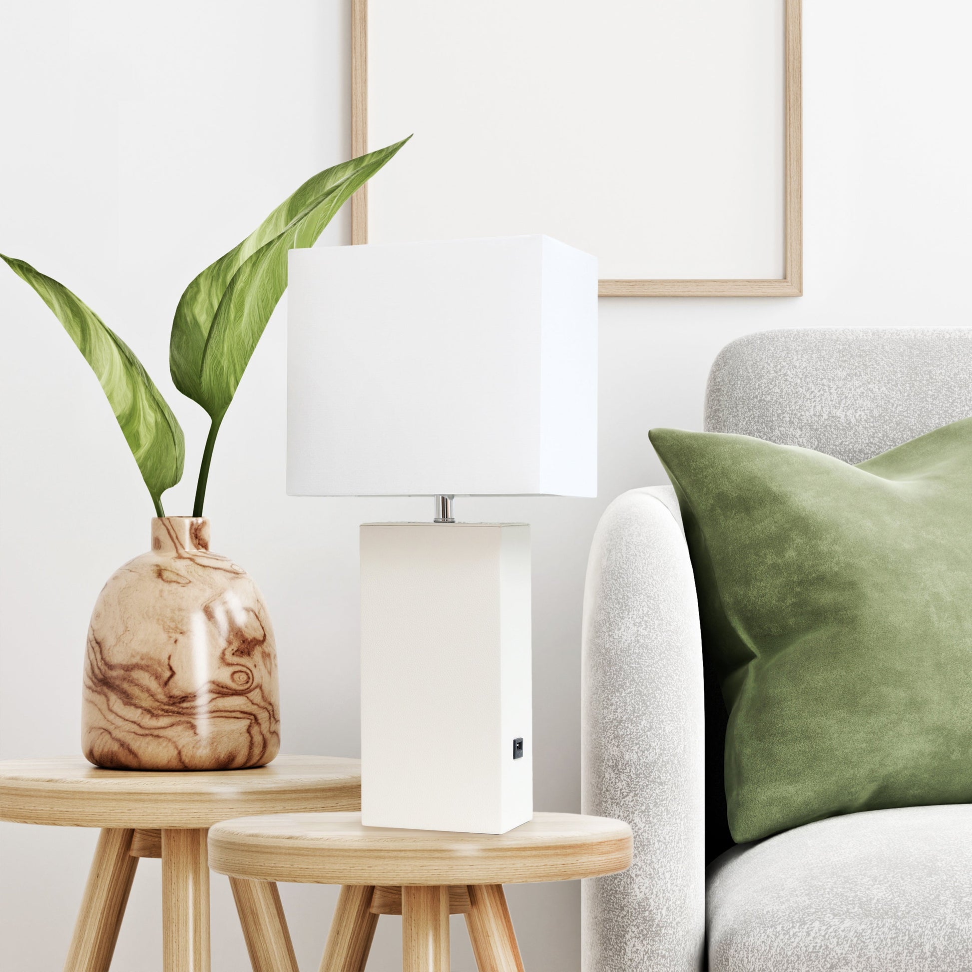 All The Rages Lalia Home Lexington 21" White Leather Base Modern Home Décor Bedside Table Lamp With USB Charging Port