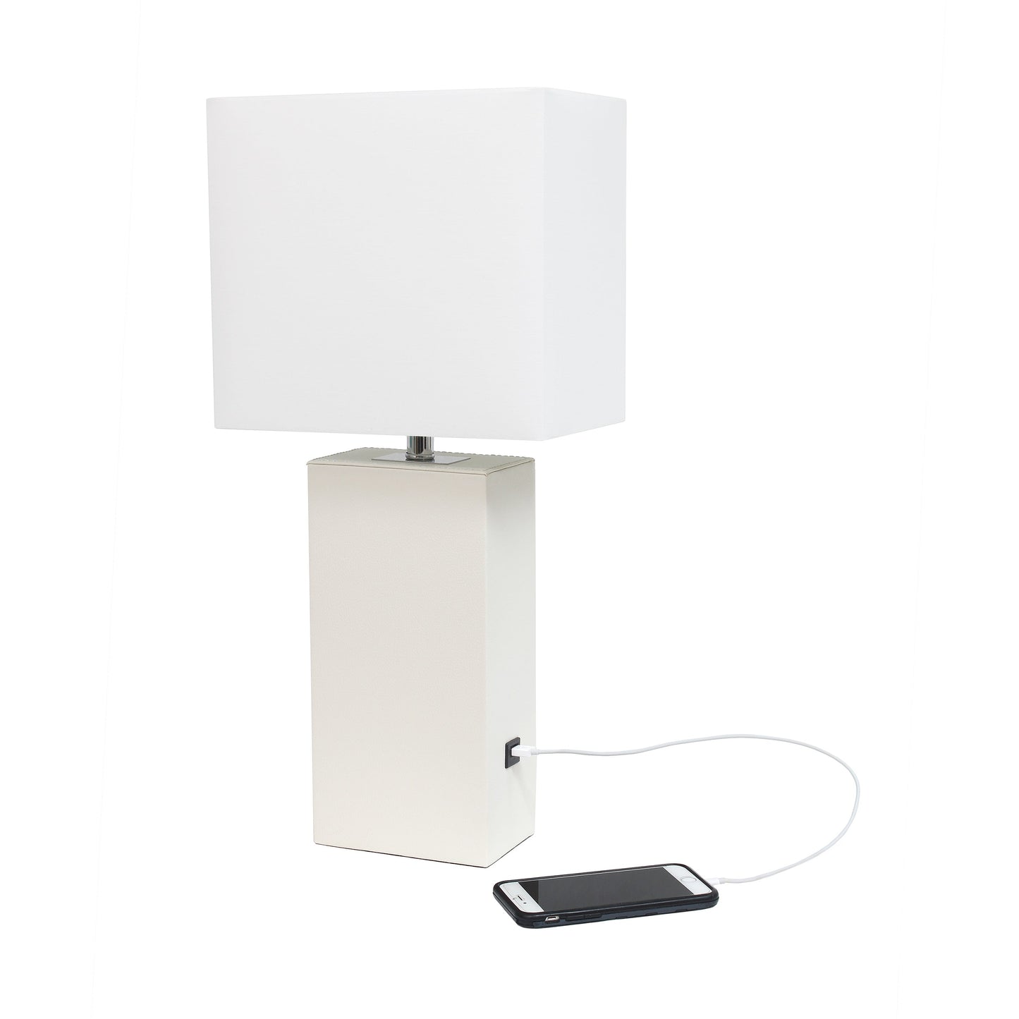 All The Rages Lalia Home Lexington 21" White Leather Base Modern Home Décor Bedside Table Lamp With USB Charging Port