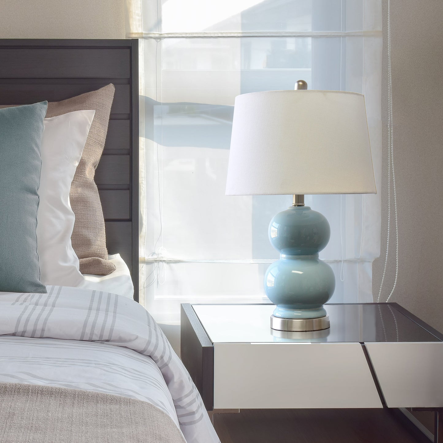 All The Rages Lalia Home Light Blue Dual Orb Table Lamp With White Fabric Shade