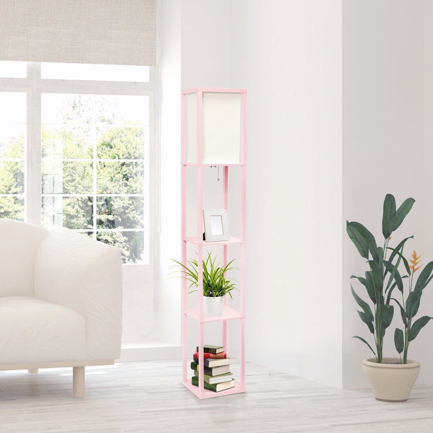 All The Rages Lalia Home Light Pink Column Shelf Floor Lamp With A Linen Shade