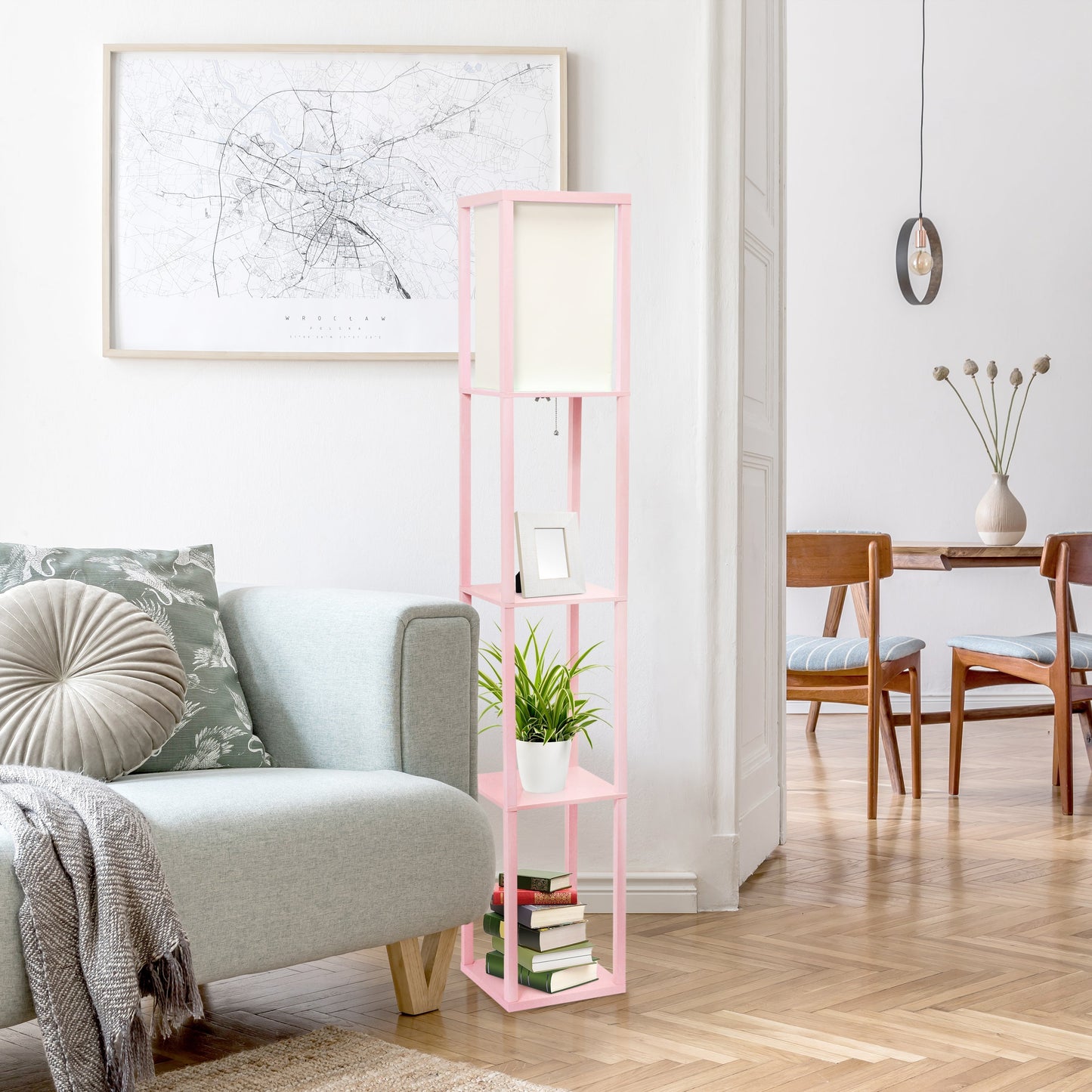 All The Rages Lalia Home Light Pink Column Shelf Floor Lamp With A Linen Shade