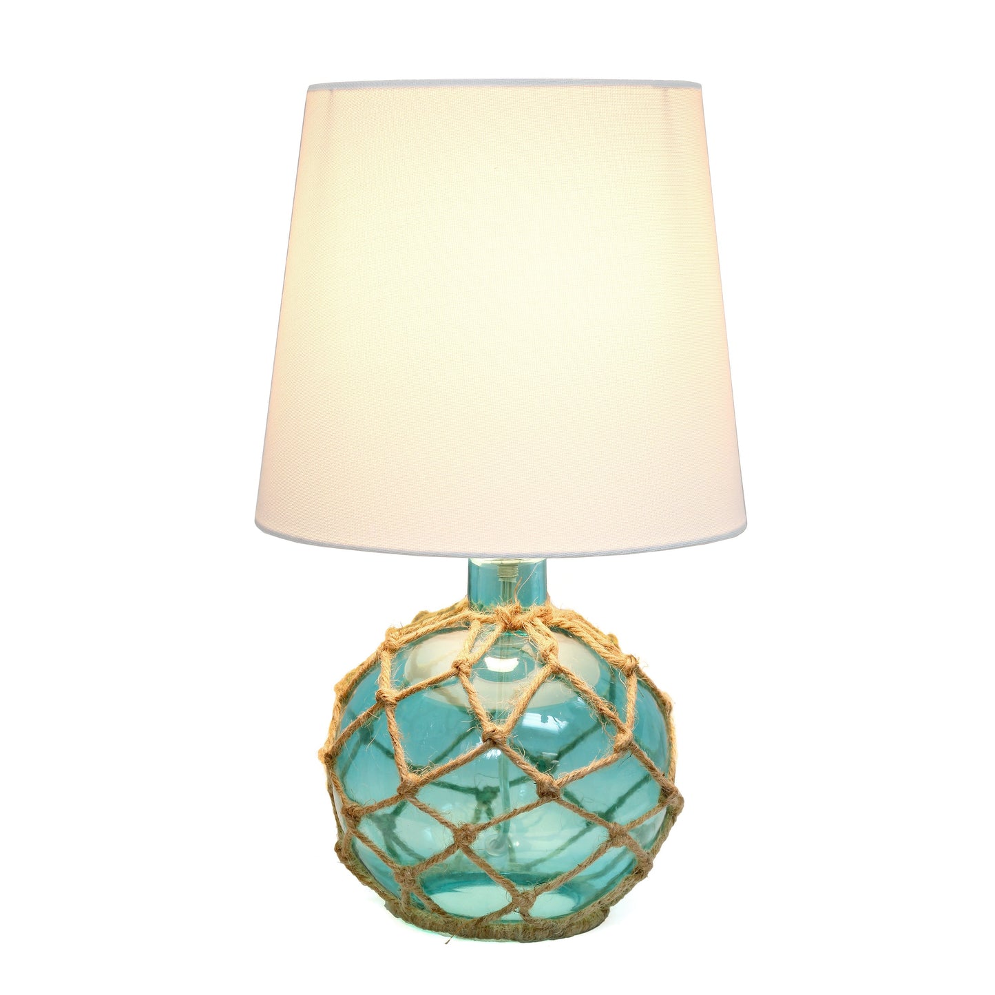 All The Rages Lalia Home Maritime 15" Aqua Coastal Fisherman's Shoreside Colored Glass Rope Table Lamp With White Fabric Empire Shade