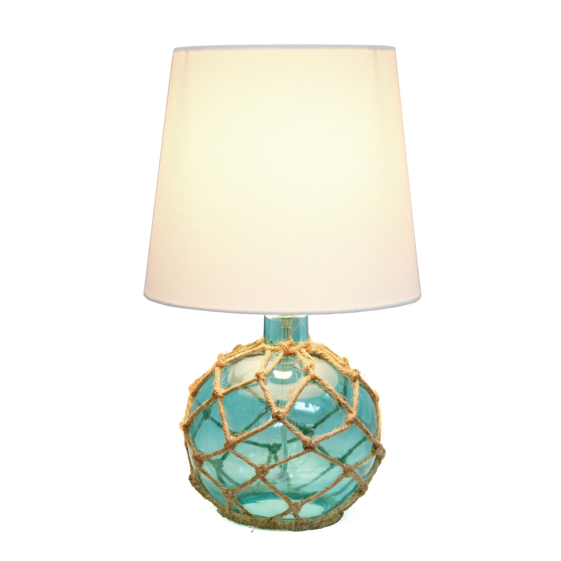 All The Rages Lalia Home Maritime 15" Aqua Coastal Fisherman's Shoreside Colored Glass Rope Table Lamp With White Fabric Empire Shade