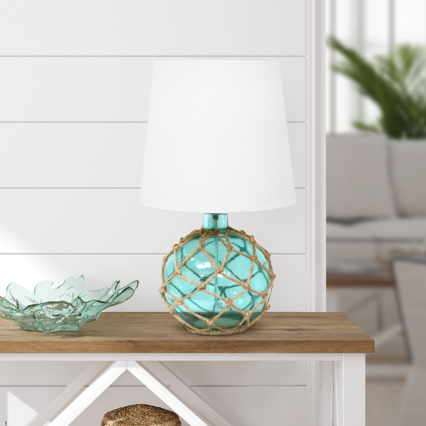 All The Rages Lalia Home Maritime 15" Aqua Coastal Fisherman's Shoreside Colored Glass Rope Table Lamp With White Fabric Empire Shade