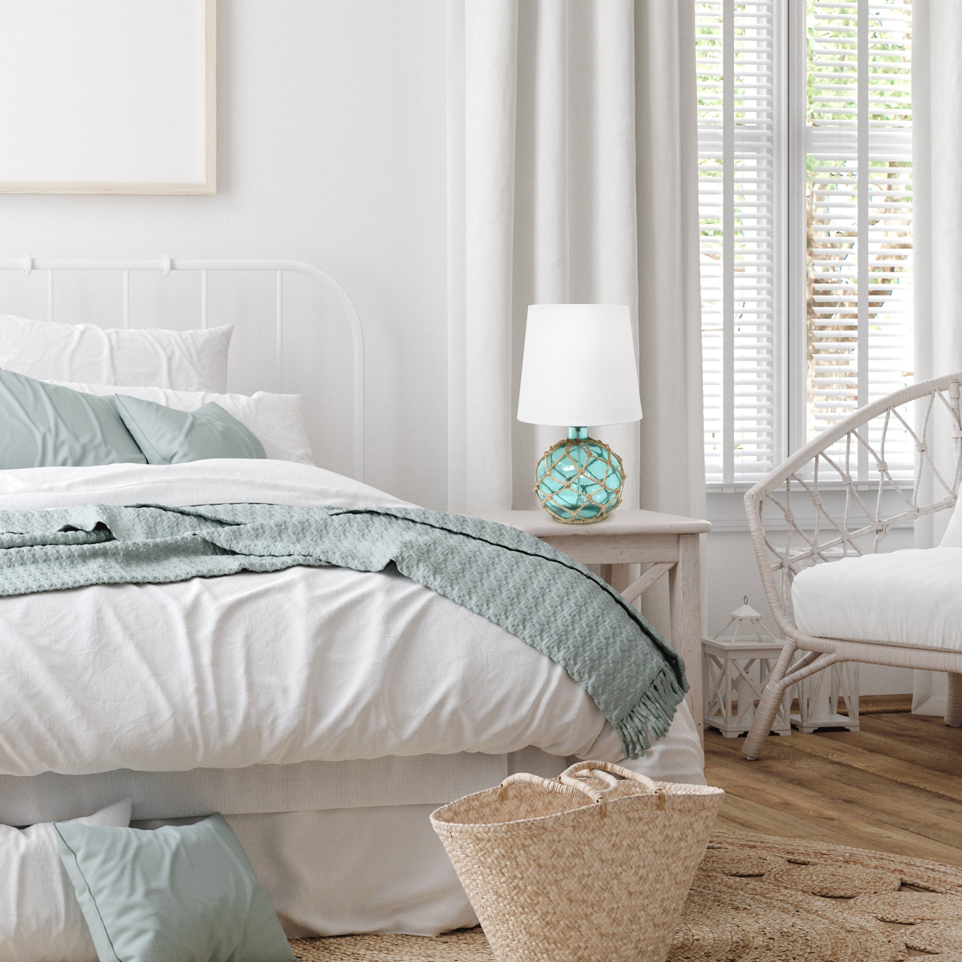 All The Rages Lalia Home Maritime 15" Aqua Coastal Fisherman's Shoreside Colored Glass Rope Table Lamp With White Fabric Empire Shade