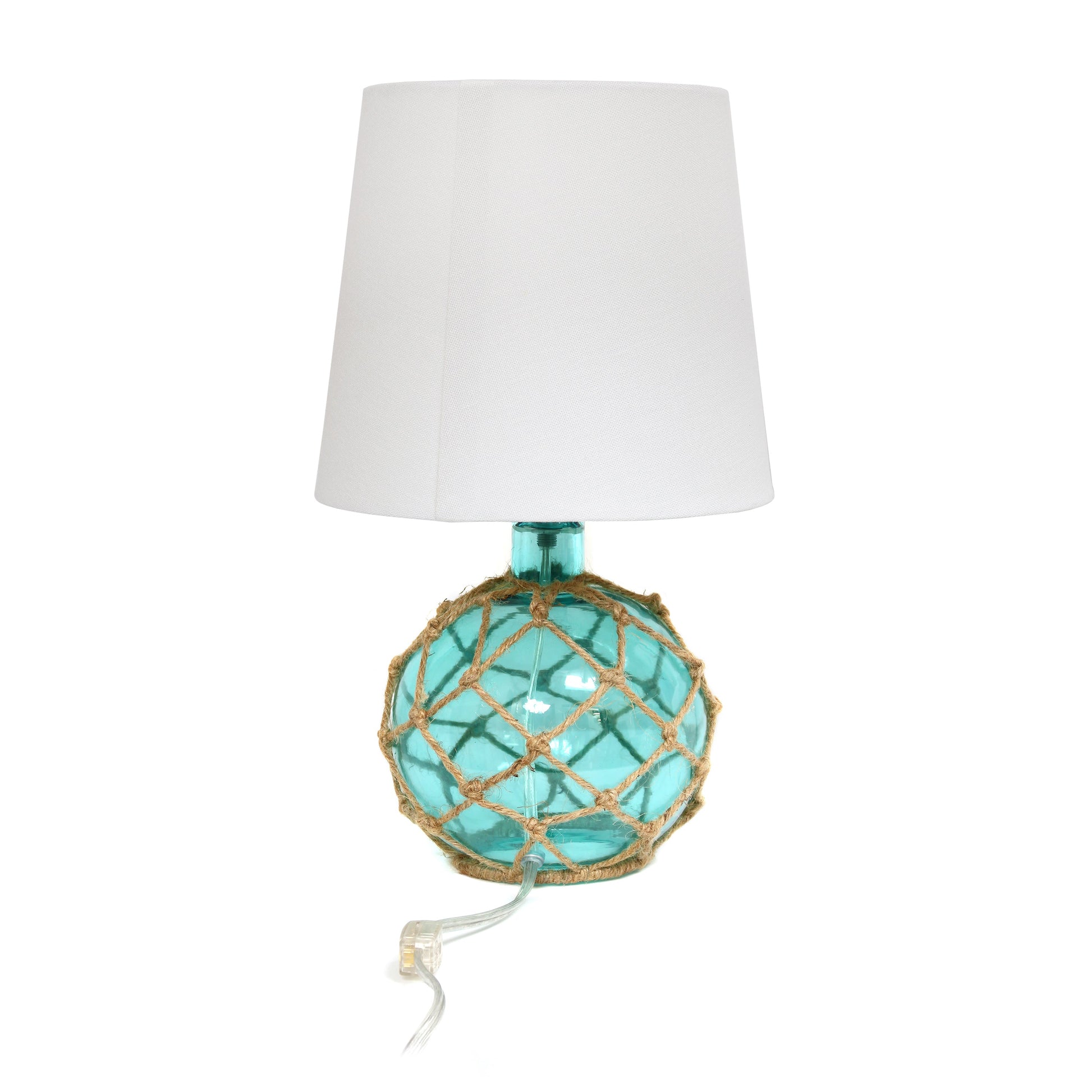 All The Rages Lalia Home Maritime 15" Aqua Coastal Fisherman's Shoreside Colored Glass Rope Table Lamp With White Fabric Empire Shade