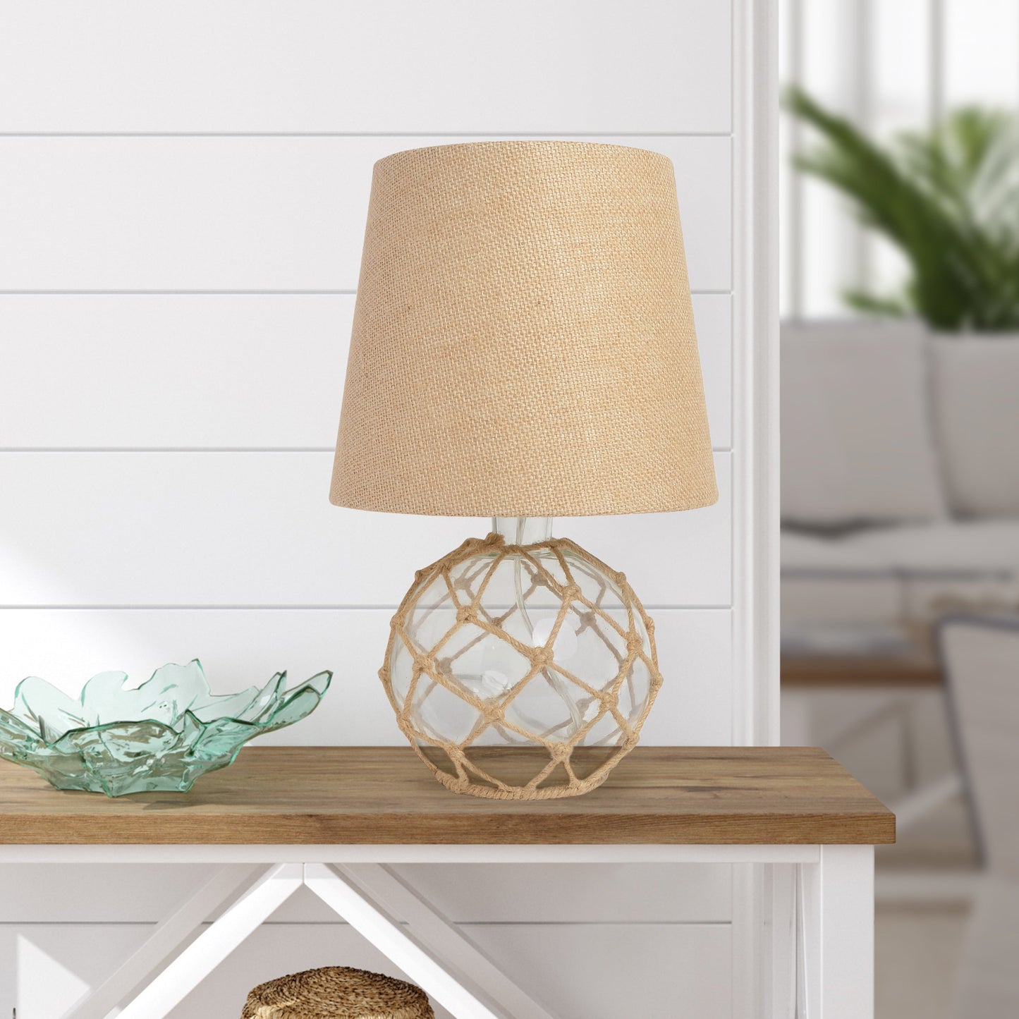 All The Rages Lalia Home Maritime 15" Clear Coastal Fisherman's Shoreside Colored Glass Rope Table Lamp With Burlap Fabric Empire Shade