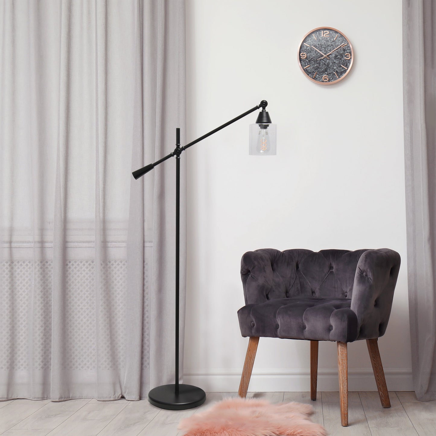 All The Rages Lalia Home Matte Black Swing Arm Floor Lamp With Clear Glass Cylindrical Shade