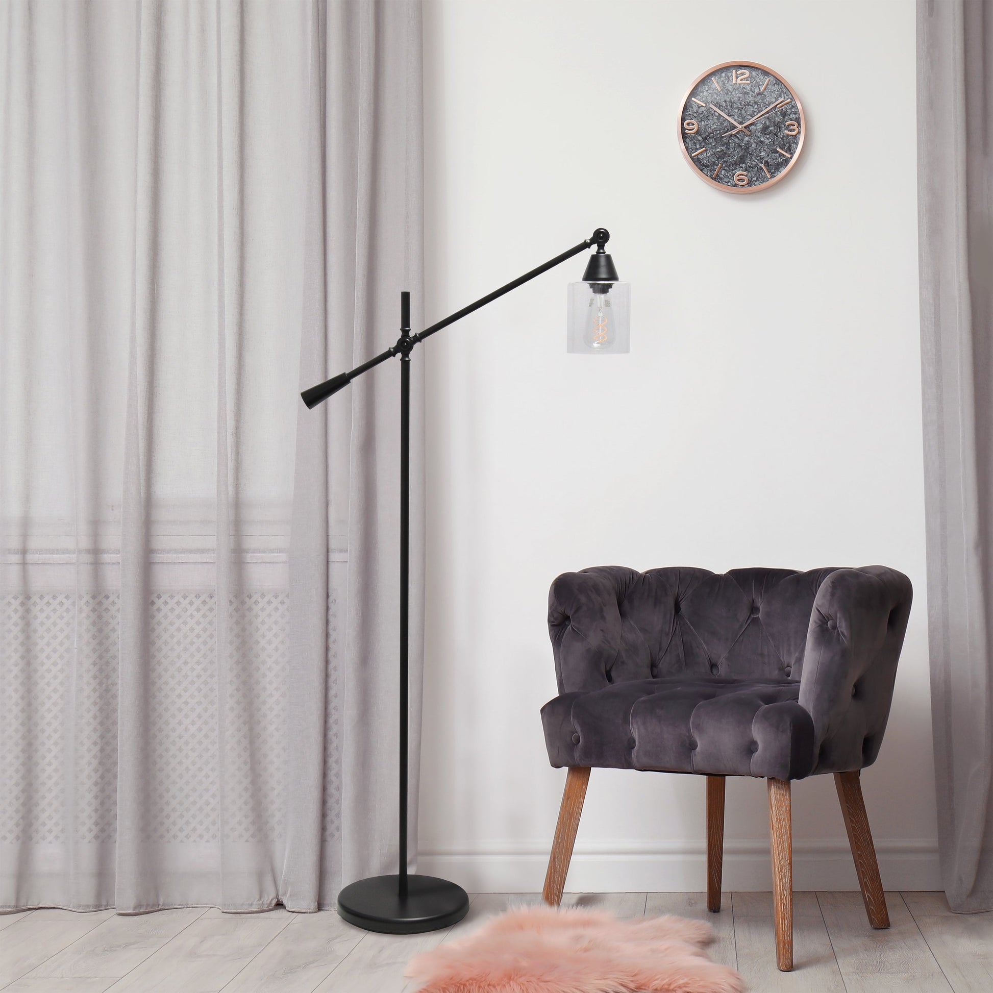 All The Rages Lalia Home Matte Black Swing Arm Floor Lamp With Clear Glass Cylindrical Shade