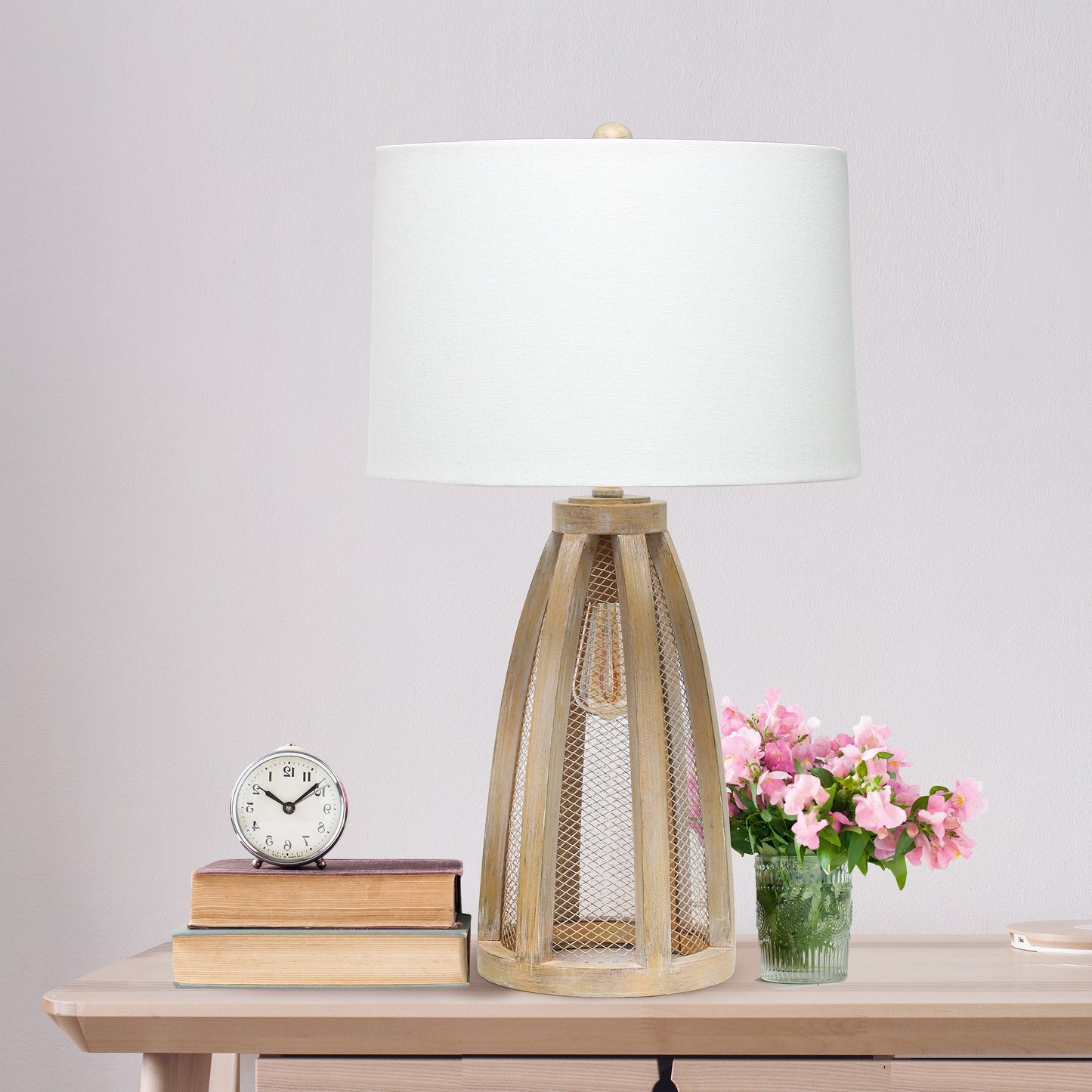 All The Rages Lalia Home Natural Wooded 2-Light Arch Farmhouse Table Lamp With White Fabric Shade