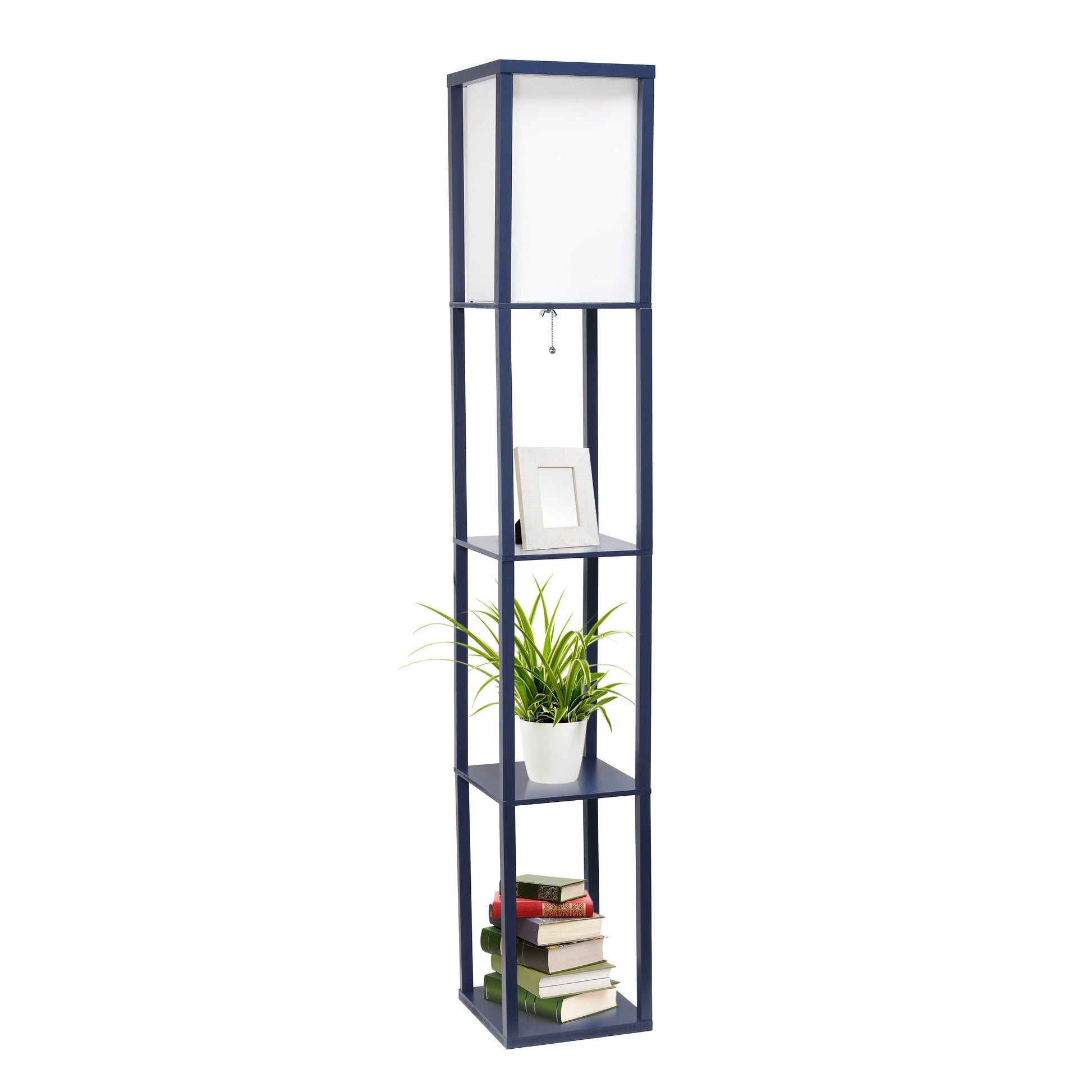 All The Rages Lalia Home Navy Column Shelf Floor Lamp With A Linen Shade