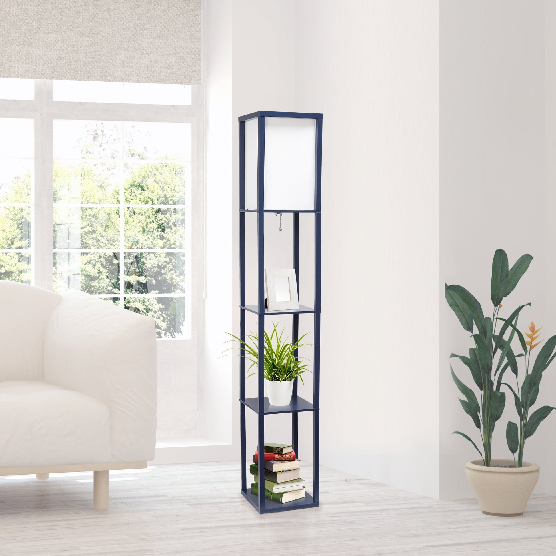 All The Rages Lalia Home Navy Column Shelf Floor Lamp With A Linen Shade