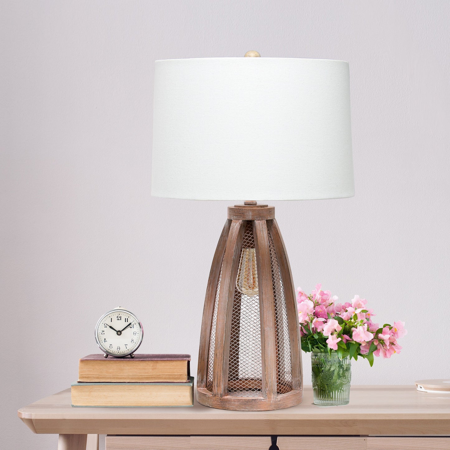 All The Rages Lalia Home Old Wood 2-Light Arch Farmhouse Table Lamp With White Fabric Shade