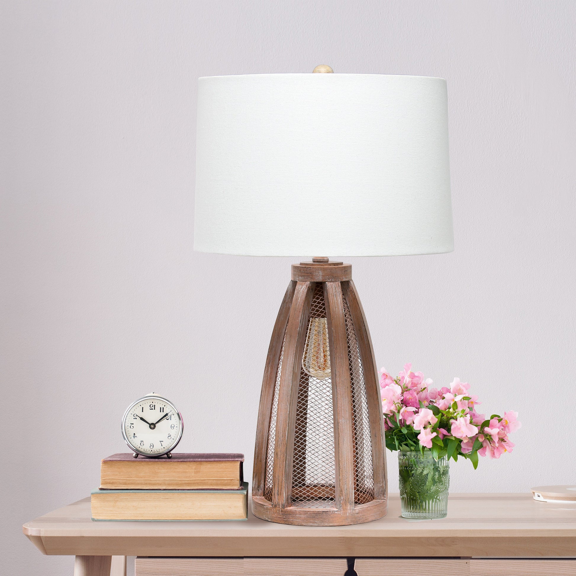 All The Rages Lalia Home Old Wood 2-Light Arch Farmhouse Table Lamp With White Fabric Shade