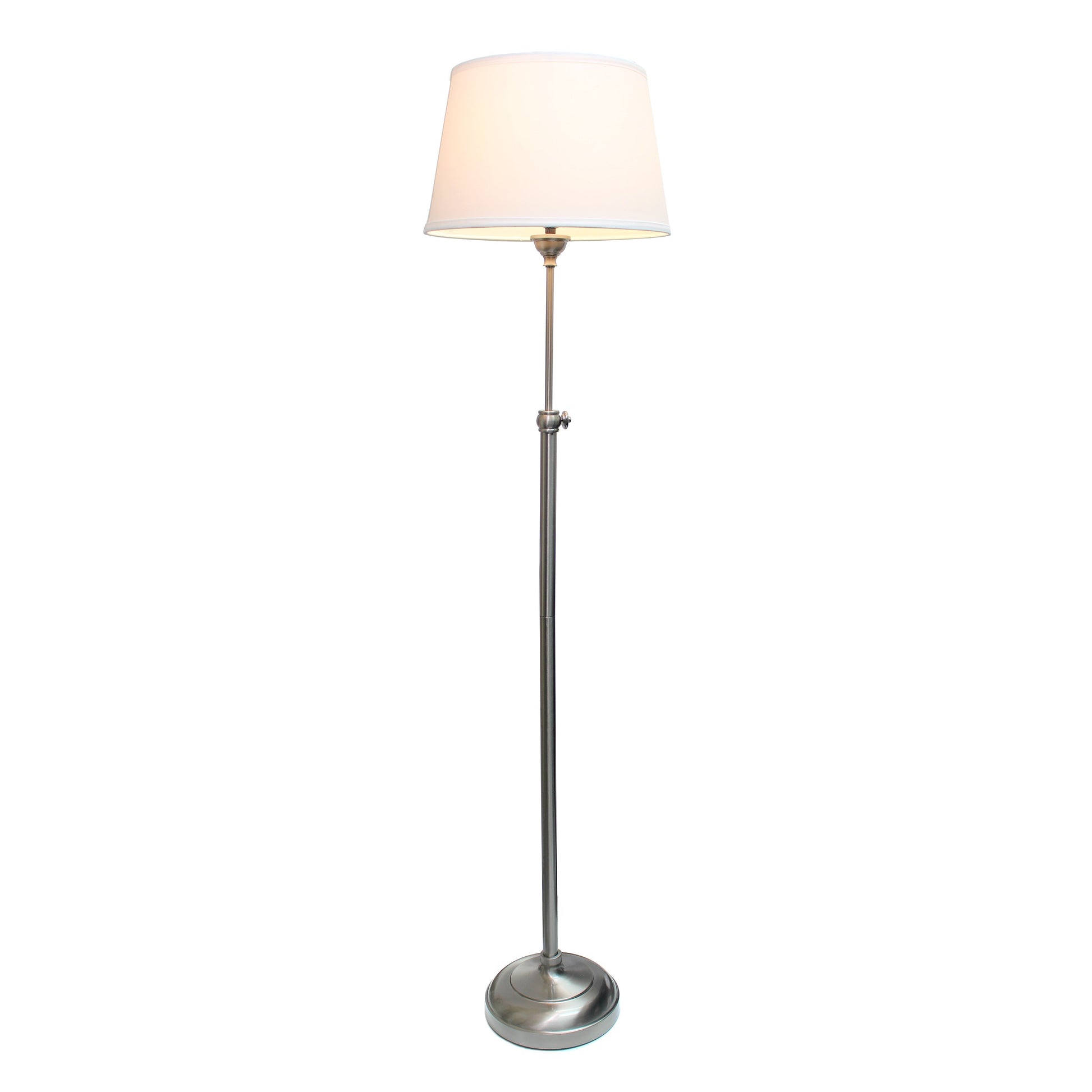 All The Rages Lalia Home Perennial Modern Manhattan Extendable Brushed Nickel Table & Floor Lamp Set With White Tapered Drum Fabric Shades