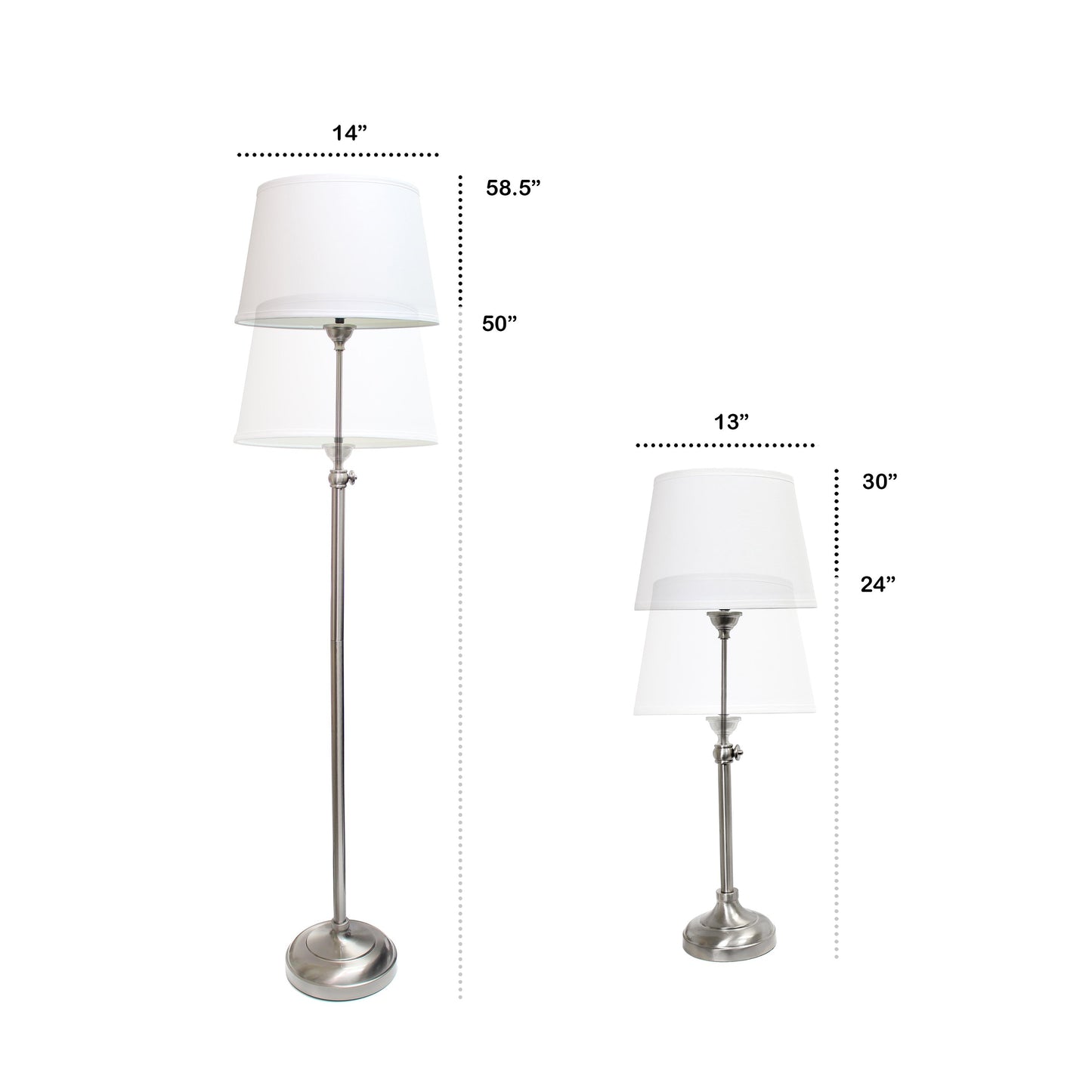 All The Rages Lalia Home Perennial Modern Manhattan Extendable Brushed Nickel Table & Floor Lamp Set With White Tapered Drum Fabric Shades