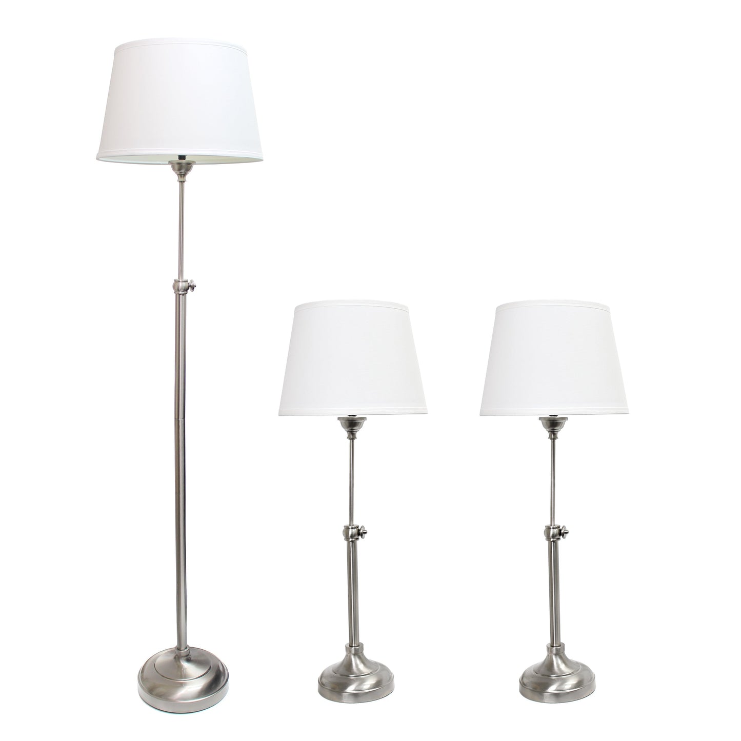 All The Rages Lalia Home Perennial Modern Manhattan Extendable Brushed Nickel Table & Floor Lamp Set With White Tapered Drum Fabric Shades