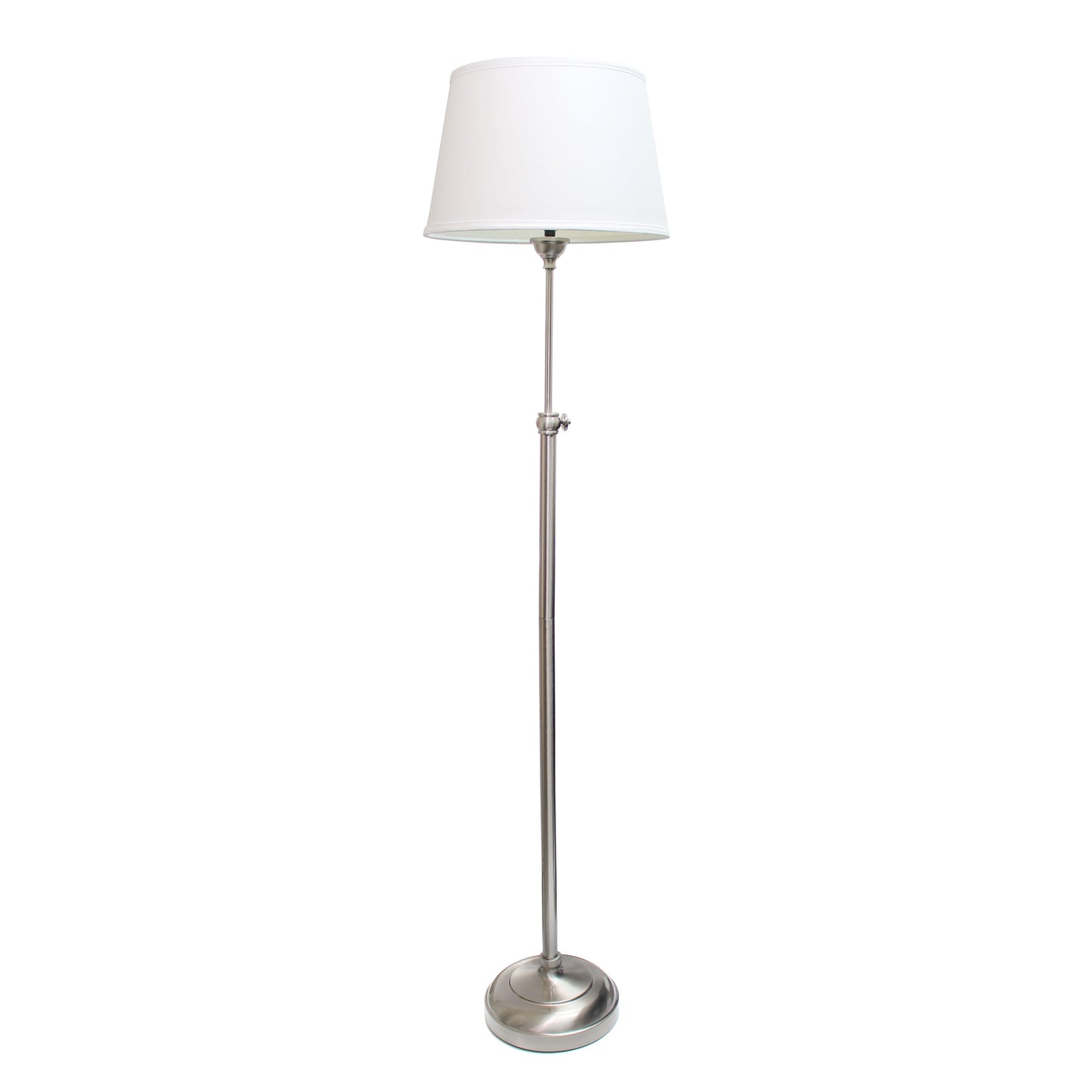 All The Rages Lalia Home Perennial Modern Manhattan Extendable Brushed Nickel Table & Floor Lamp Set With White Tapered Drum Fabric Shades