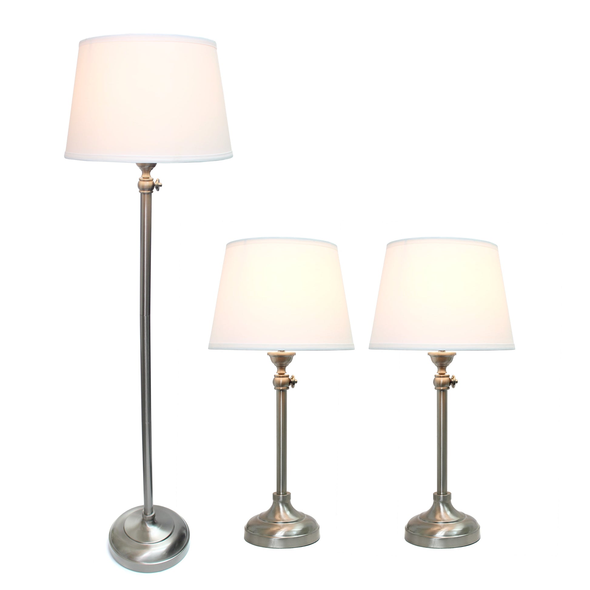 All The Rages Lalia Home Perennial Modern Manhattan Extendable Brushed Nickel Table & Floor Lamp Set With White Tapered Drum Fabric Shades